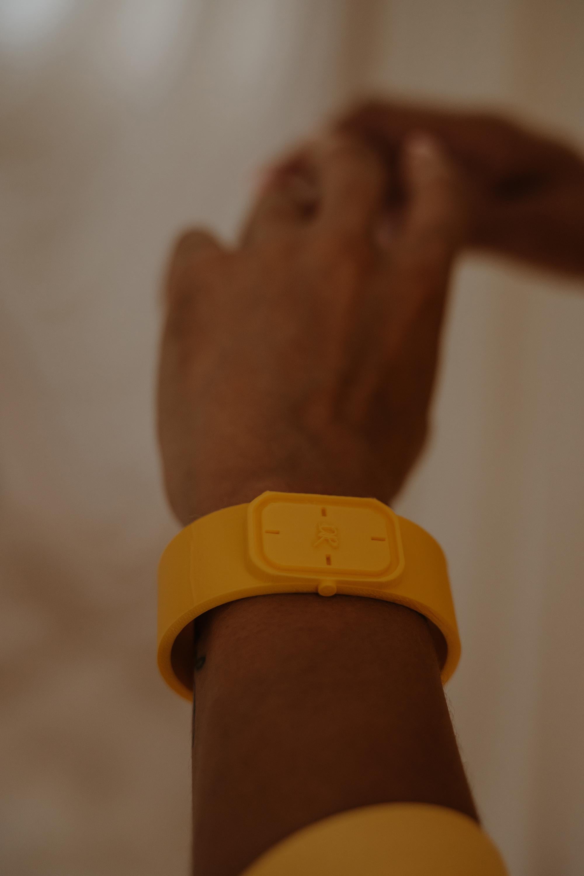 3D Printed No time Watch Style Cuff Bracelet, Yellow In New Condition For Sale In Inglewood, CA