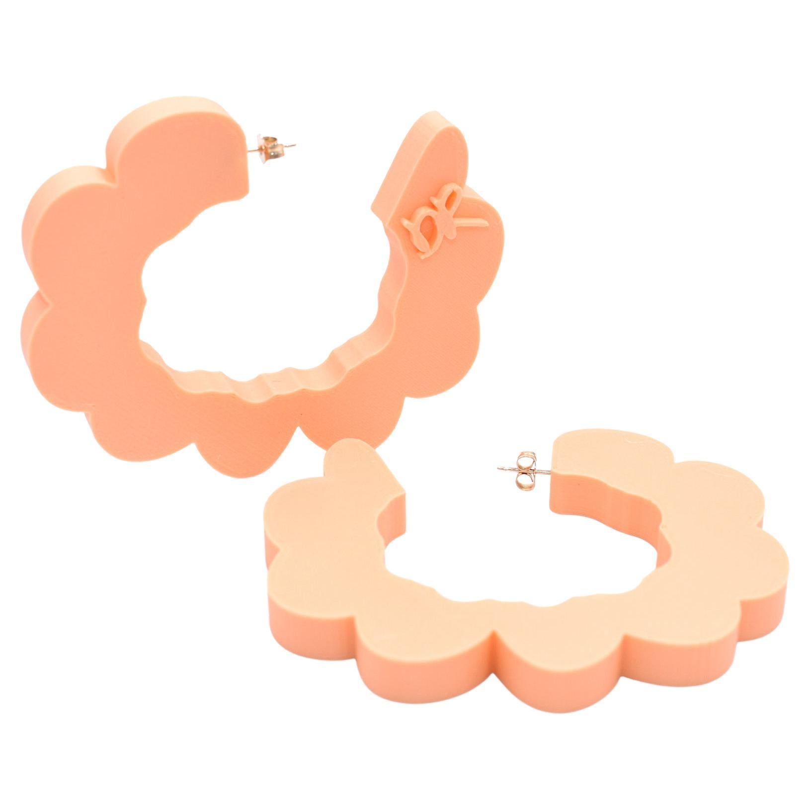 3d Printed Pretend Cloud Shaped Hoop Earrings, Matte Peach For Sale