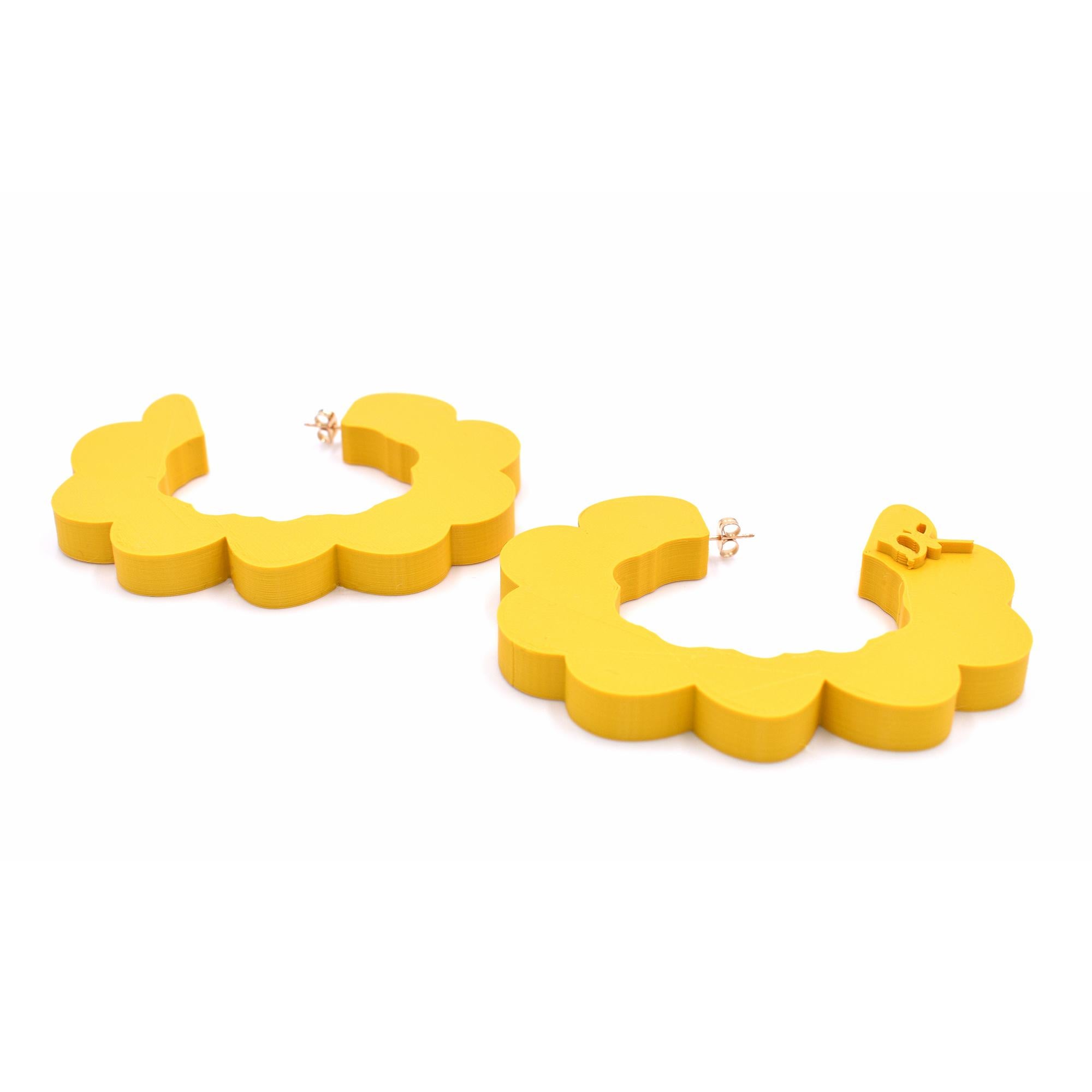 Modern 3d Printed Pretend Cloud Shaped Hoop Earrings, Matte Yellow For Sale