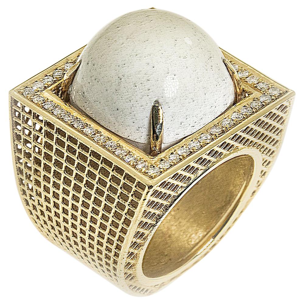 14 Karat Yellow Gold, Statement Unique Contemporary Ring, White Agate, Diamonds.