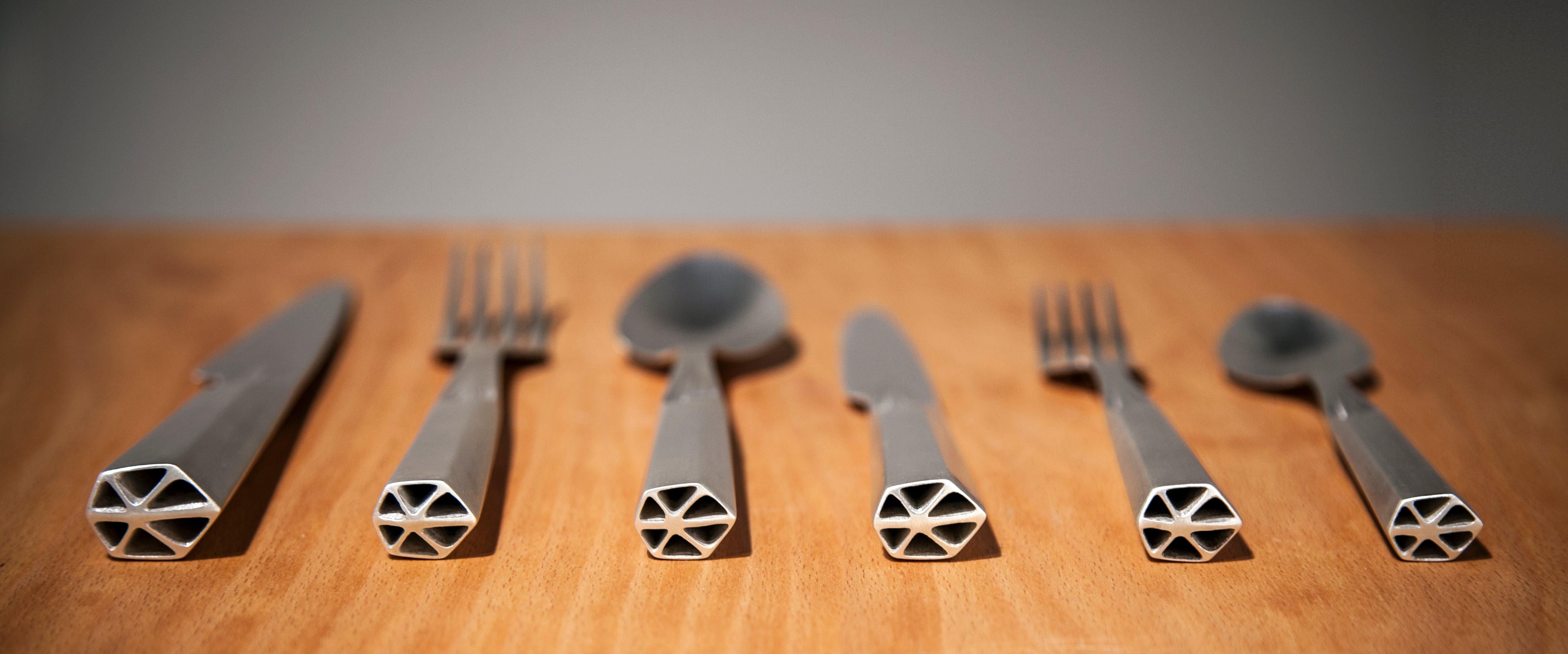 The form of this ultra-high end flatware collection has been inspired by the complex geometry of ice as it cracks and splinters. Ice Breaker has been created using cutting edge technology each piece is 3D printed in stainless steel using a high
