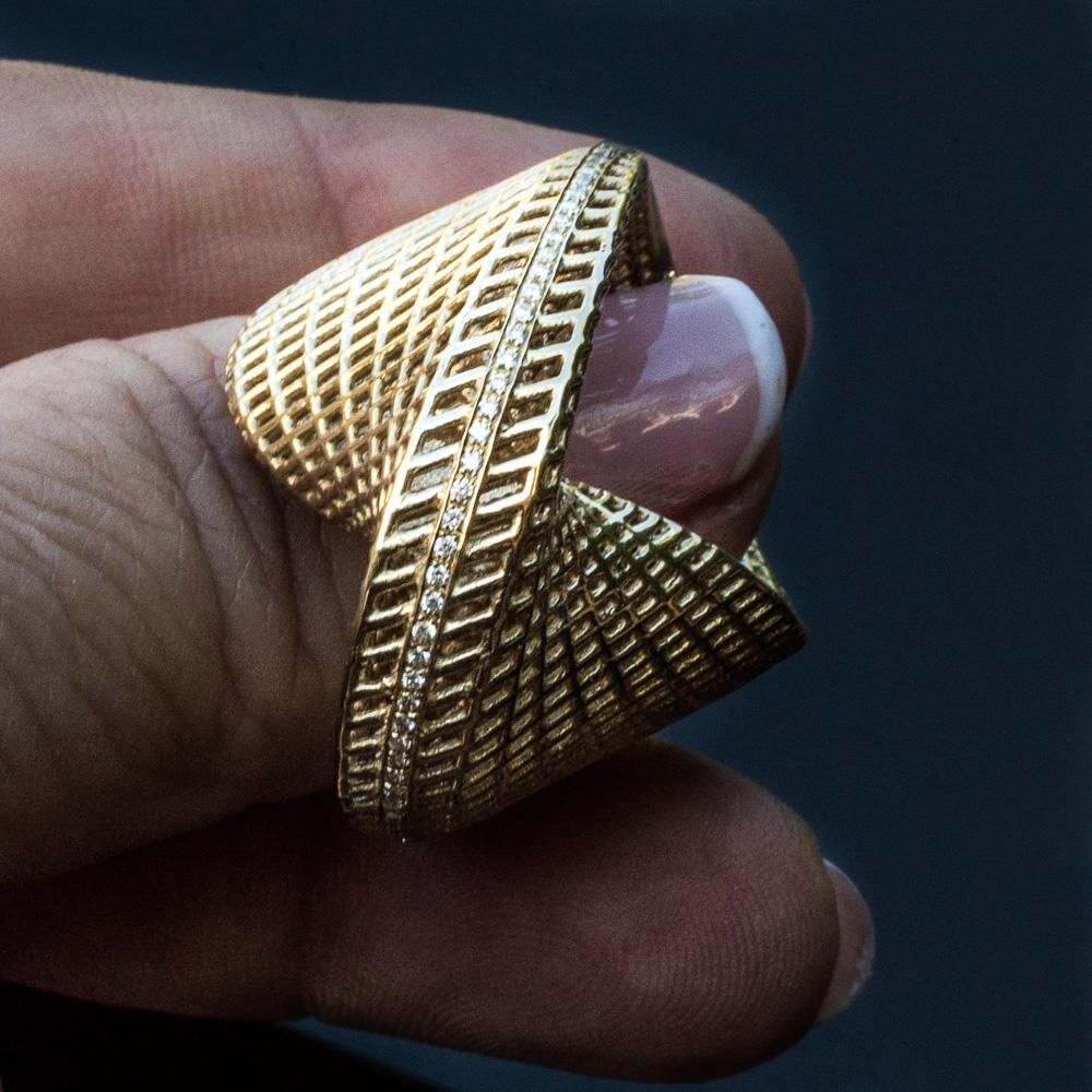 Women's 14 Karat Yellow Gold Statement Ring, unique, Contemporary, Luxury Ring, diamonds For Sale