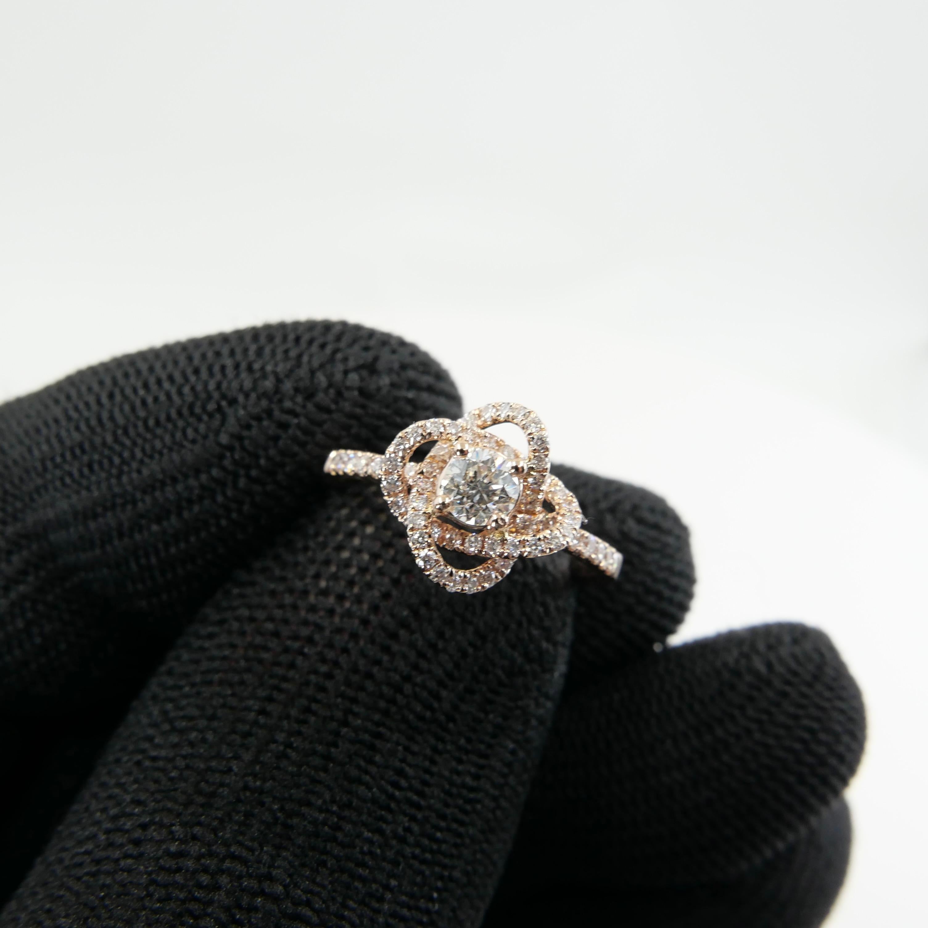 Round Cut 3D Rose Flower Diamond Ring, 18K Rose Gold, Dainty, Excellent Depth of Field For Sale