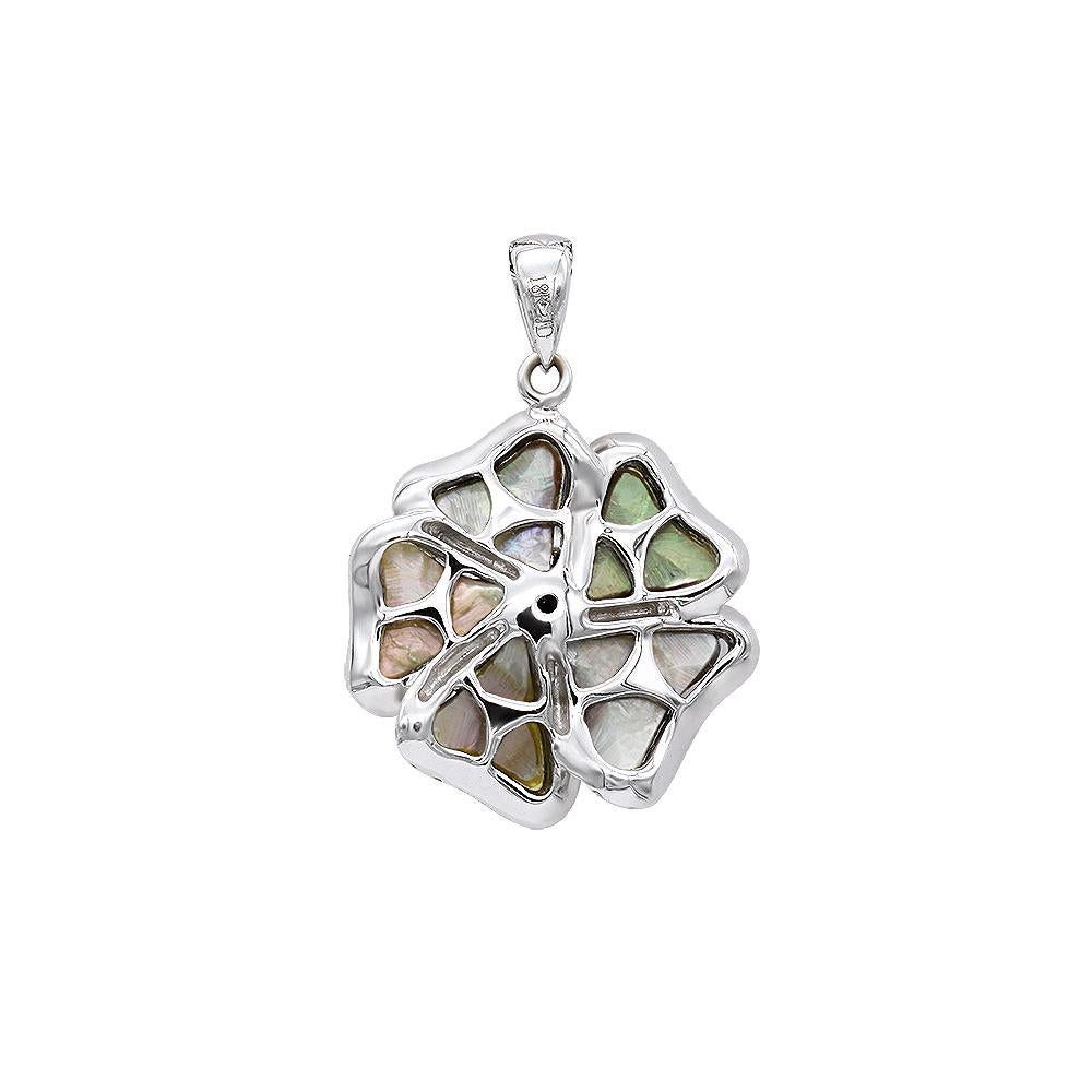 3D Silver Gray Mother of Pearl Rose Pendant 0.37 Carat Diamond 14 Karat Gold In New Condition For Sale In Little Neck, NY