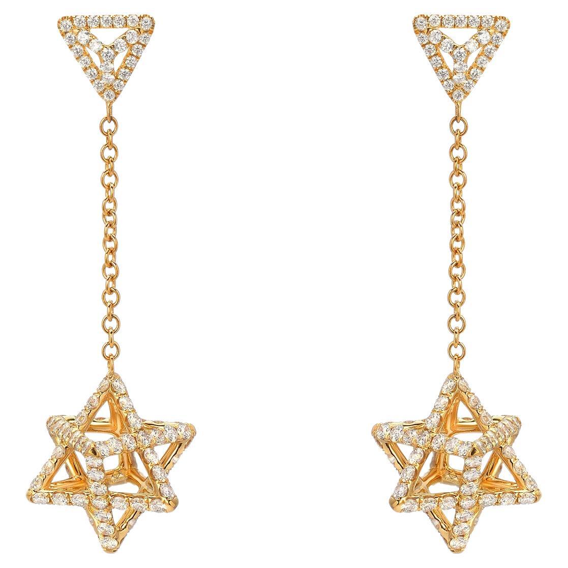 Orecchini 3D con Stella di David in oro giallo 18 carati e diamanti Art Deco Merkaba