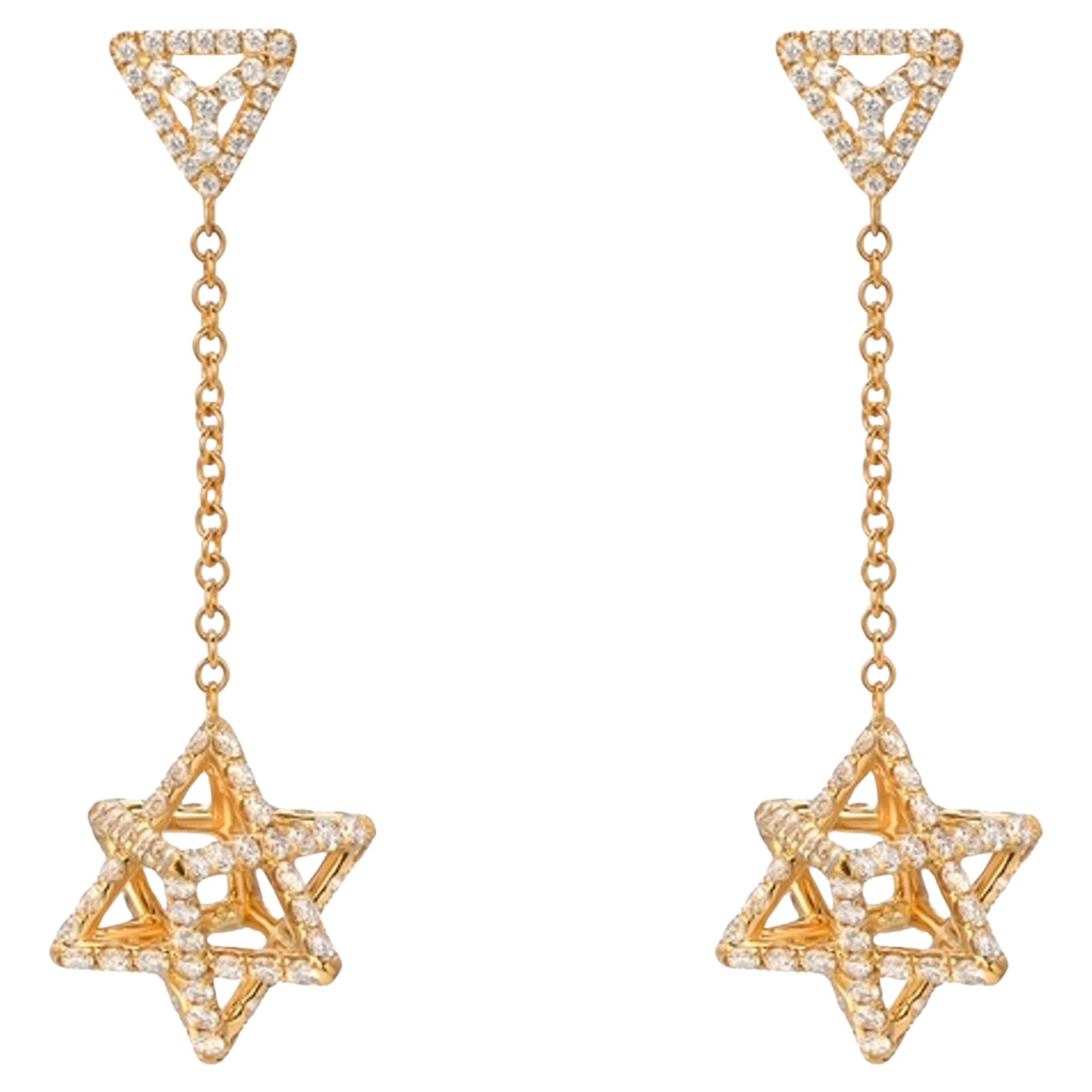Merkaba 3D Star Of David Earrings 18K Yellow Gold Diamonds Art Deco Fine Jewelry