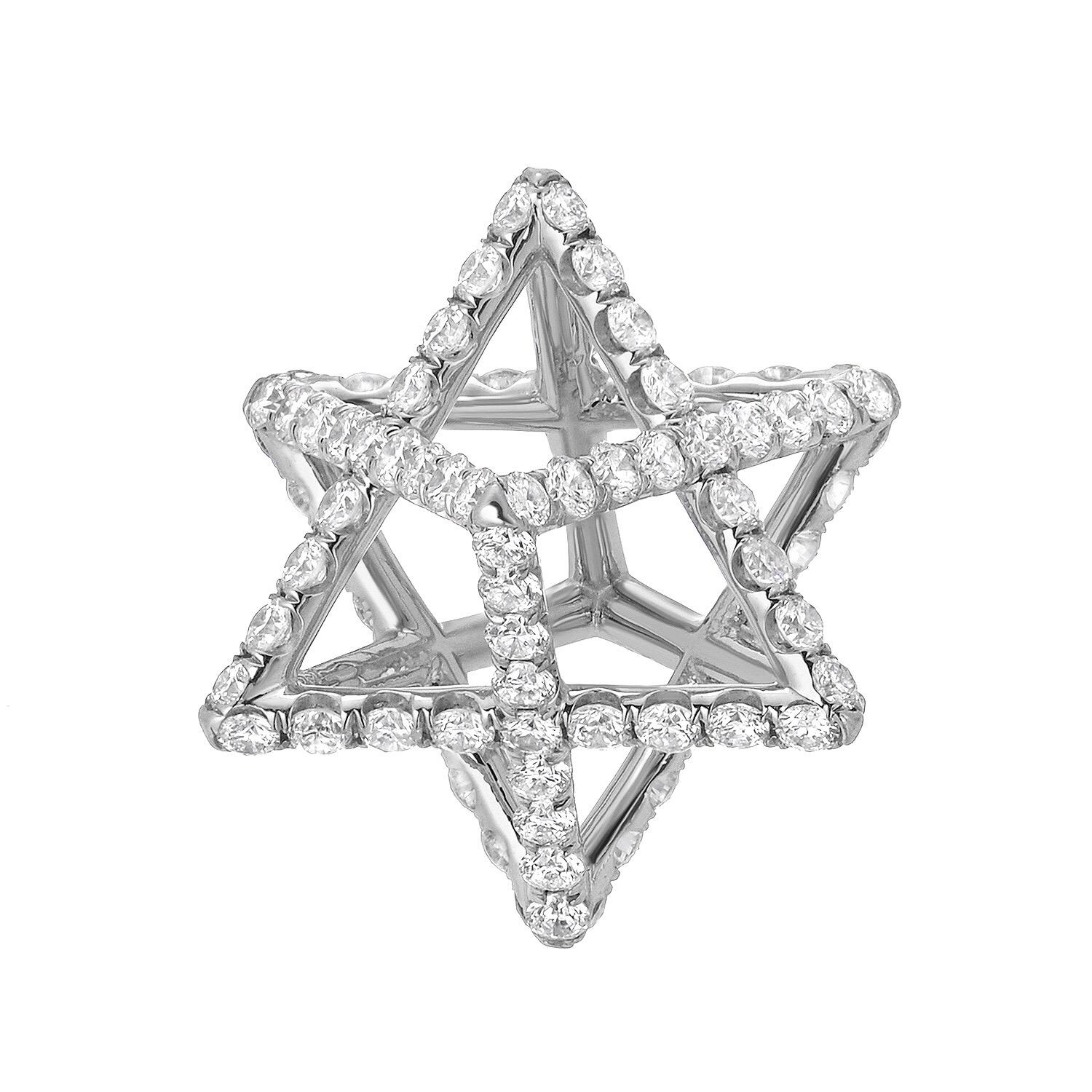 Brilliant Cut 3D Star of David Earrings Platinum Diamonds Lever Back Art Deco Jewelry Merkaba For Sale