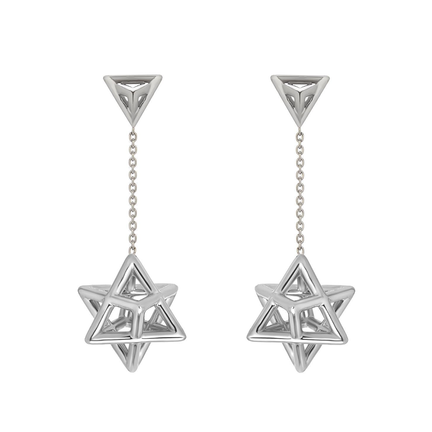 Art Deco 3D Star of David Merkaba Platinum Earrings – Faith, Unity, Elegance For Sale