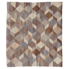 3D Tumbling Block Trompe L'oeil Turkish Wool Kilim, Earth-Toned Wall Art Rug