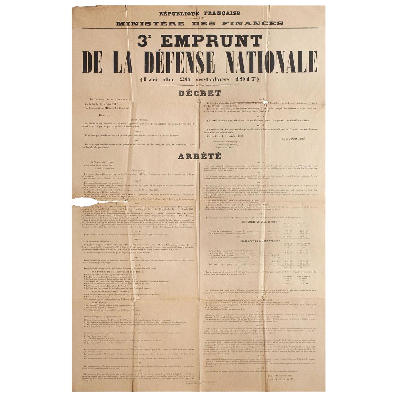 3e emprunt de la defense nationale 1917 French B1 Poster For Sale