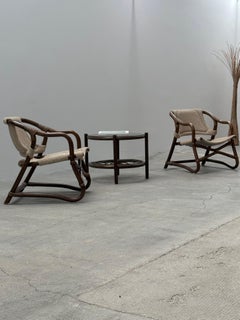 3er Set Horsnaes  „Manilla“ Sessel & Couchtisch Bambus Bouclé Dänemark 1960s