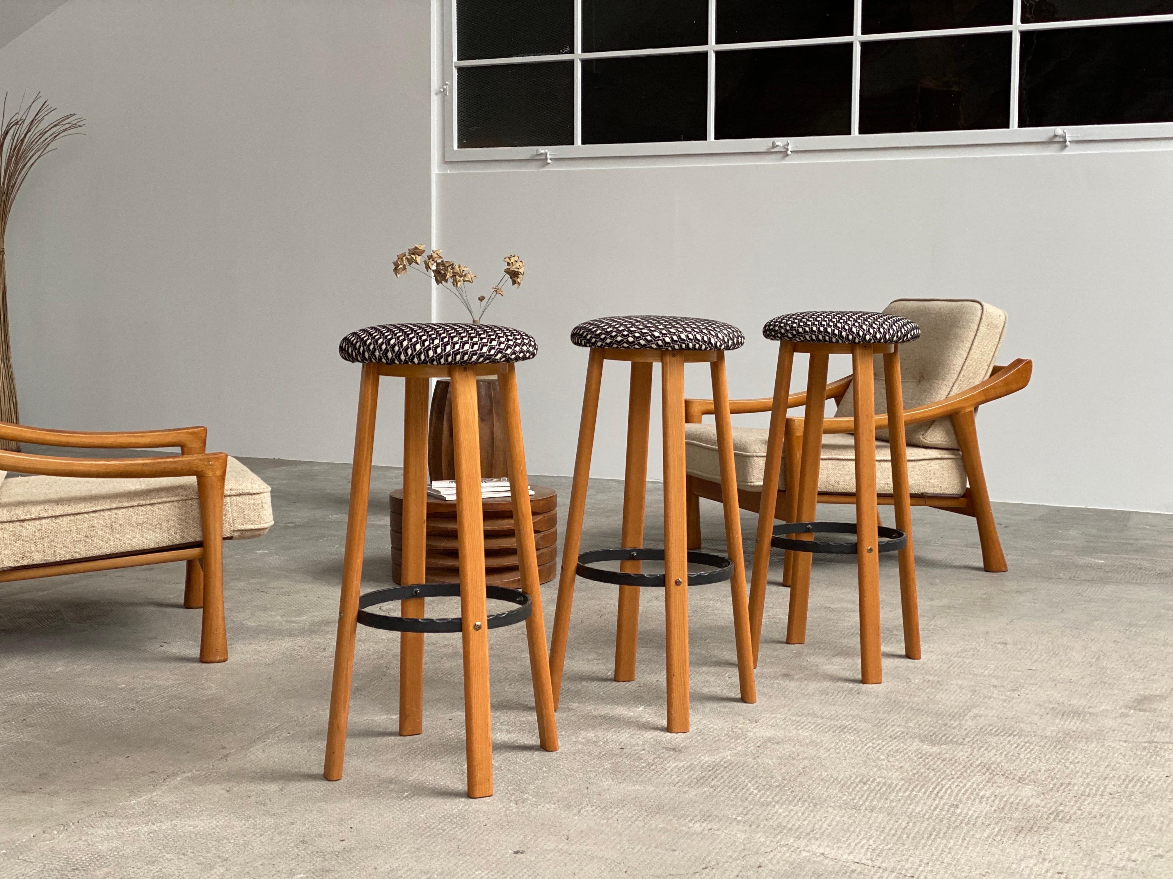 Mid-Century Modern SET OF 3 BAR STOOLS ASH WOOD WROUGHT IRON, GERMANY 1970s For Sale