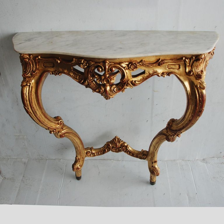 European 19th Century Italian Rococo Style Wall Mount Giltwood Marble Console Table For Sale