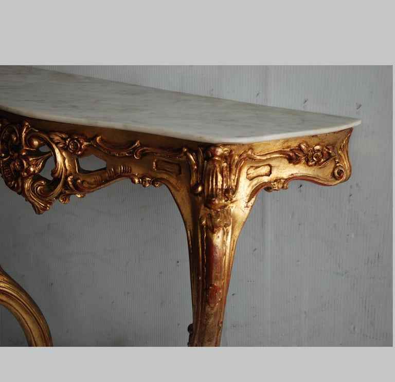 19th Century Italian Rococo Style Wall Mount Giltwood Marble Console Table For Sale 2