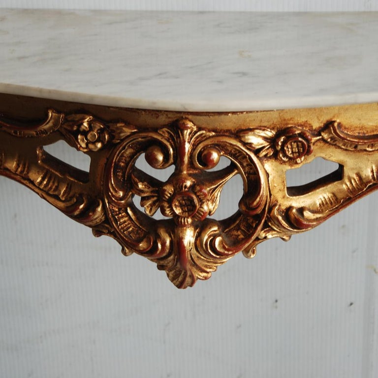19th Century Italian Rococo Style Wall Mount Giltwood Marble Console Table For Sale 4