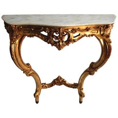 Tavolo da console in stile rococò italiano del XIX secolo, in legno dorato e marmo, montato a parete