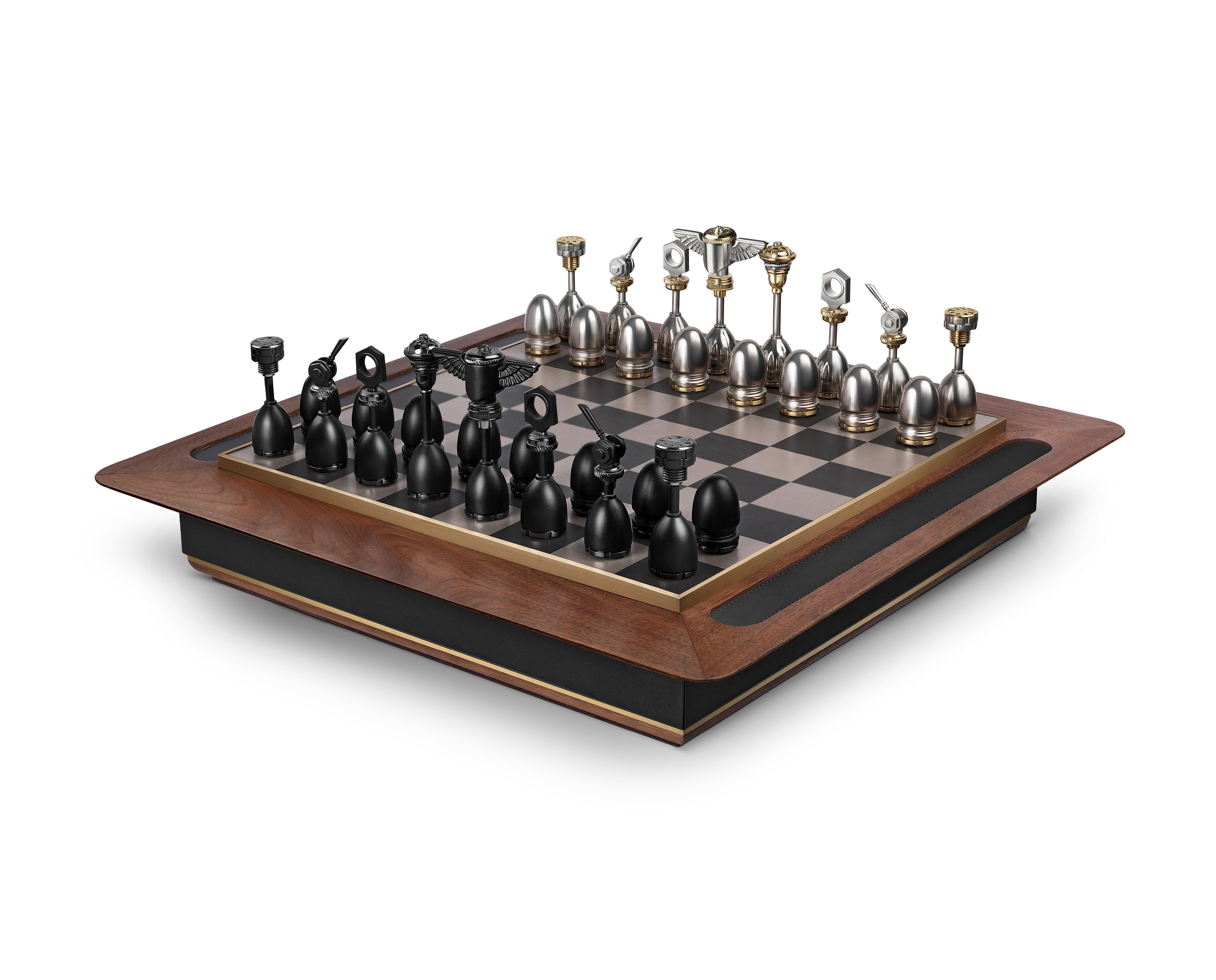 3L Shatranj chess set by Madheke
Dimensions: W 54.8 D 54.8 H 9.5 cm
Materials: Leather, Metal, Wood

Inspired by the Bentley 3-Litre, the 3L Shatranj pays homage to the engineering brilliance and innovation of W.O Bentley and his team.

A