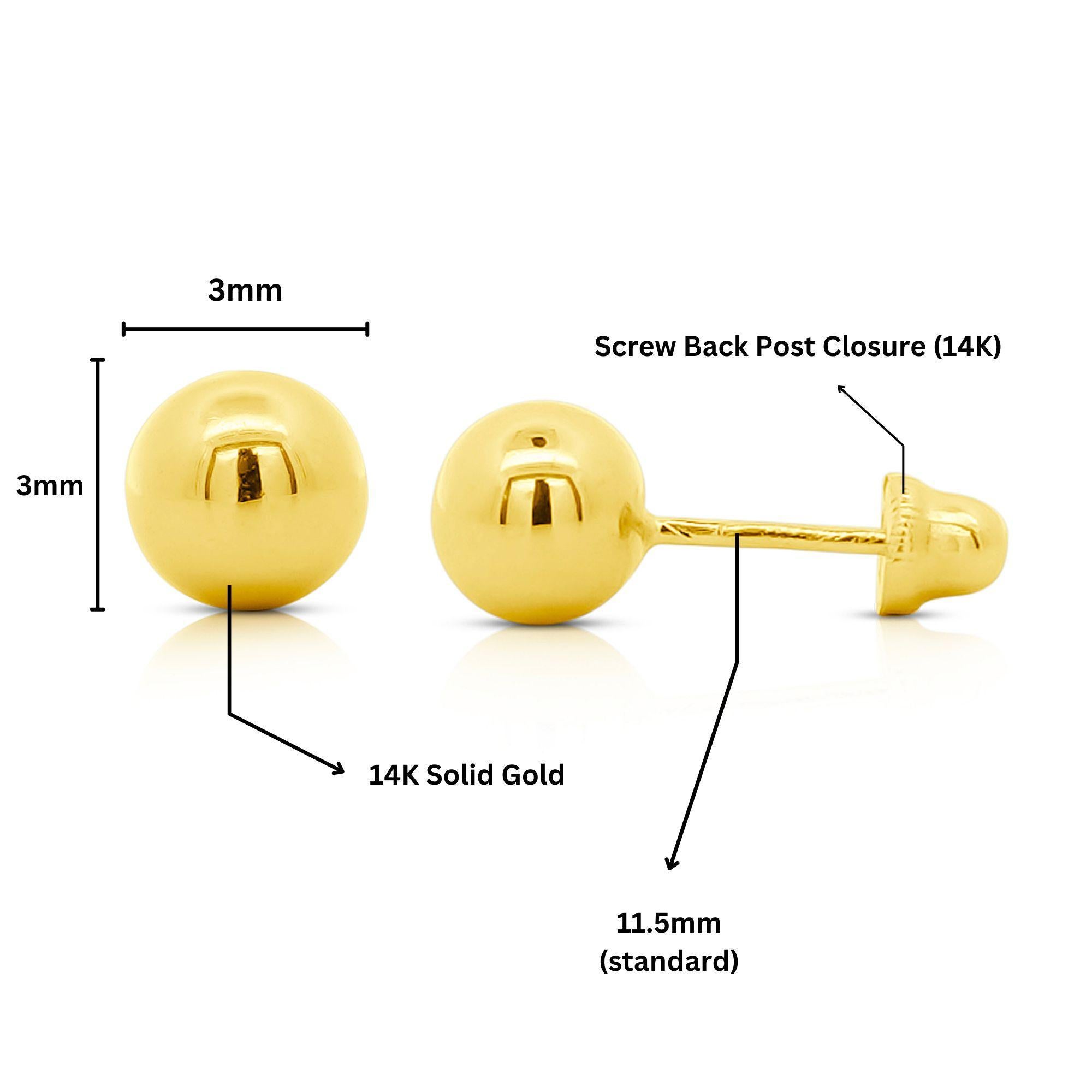3mm Classic 14K Solid Gold Ball Small Stud Earrings In Screw Backs For Sale 6