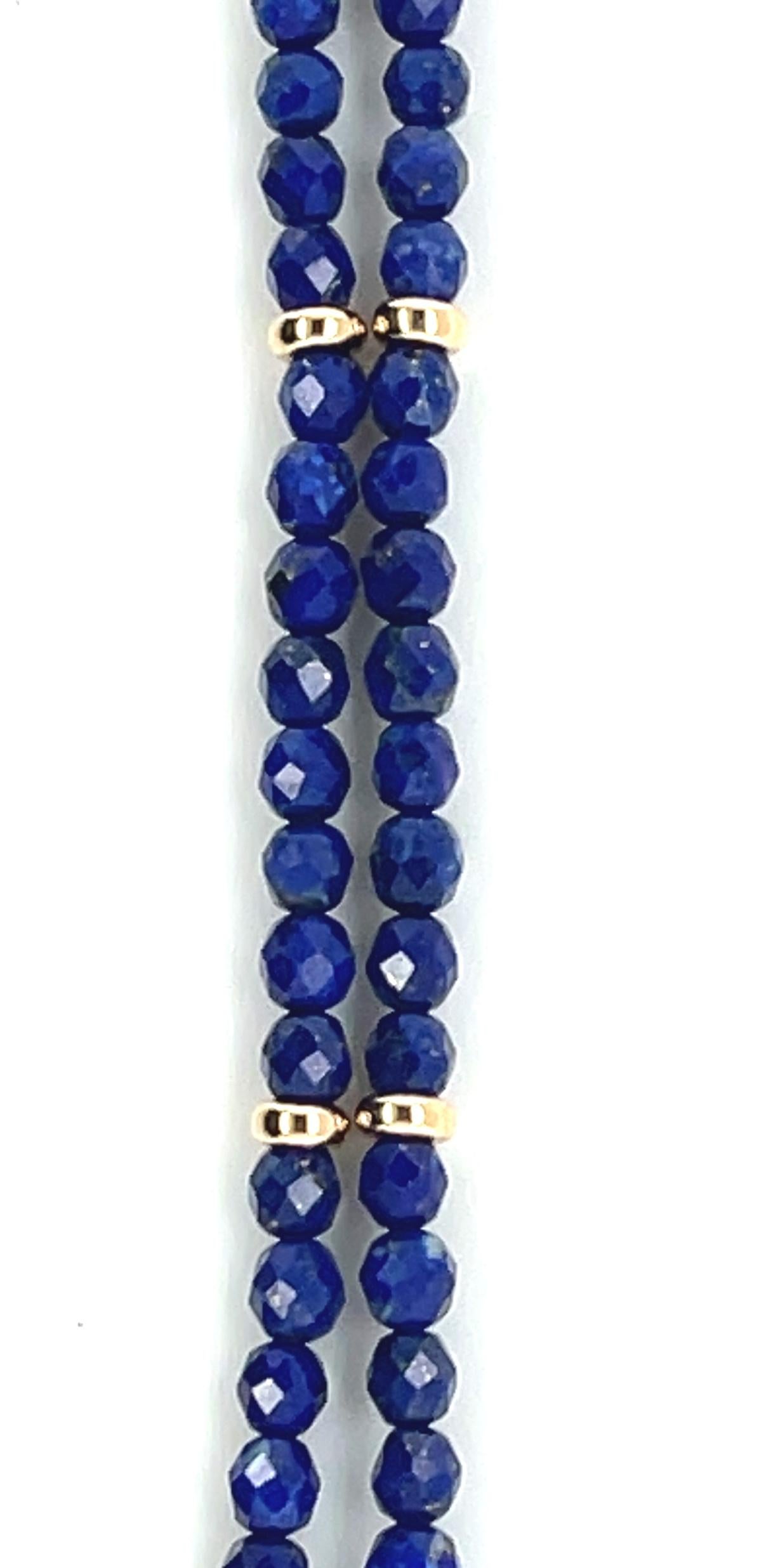 Artisan Faceted Lapis Bead Necklace with Yellow Gold Accents, 32 Inches For Sale