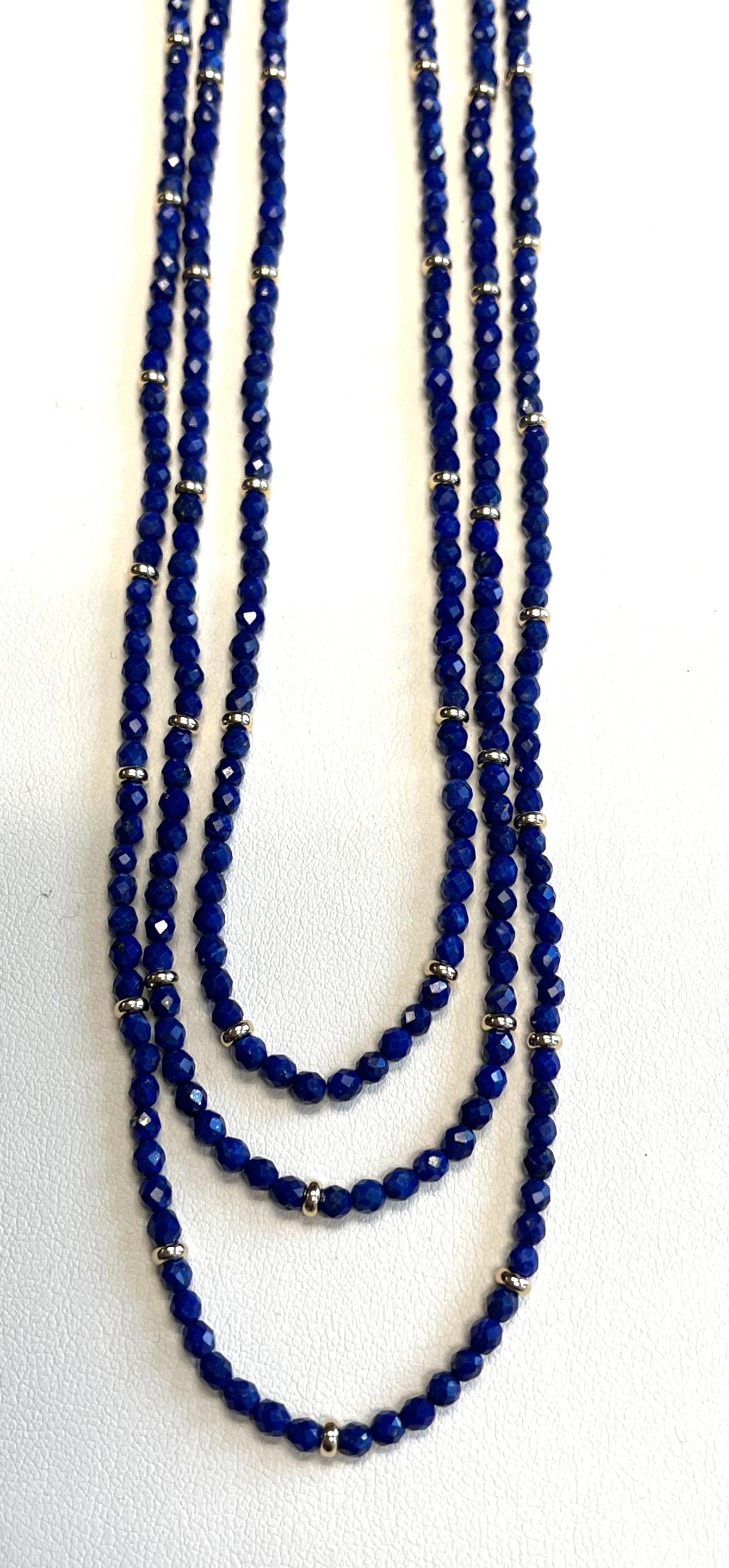 Faceted Lapis Bead Necklace with Yellow Gold Accents, 32 Inches For Sale 1