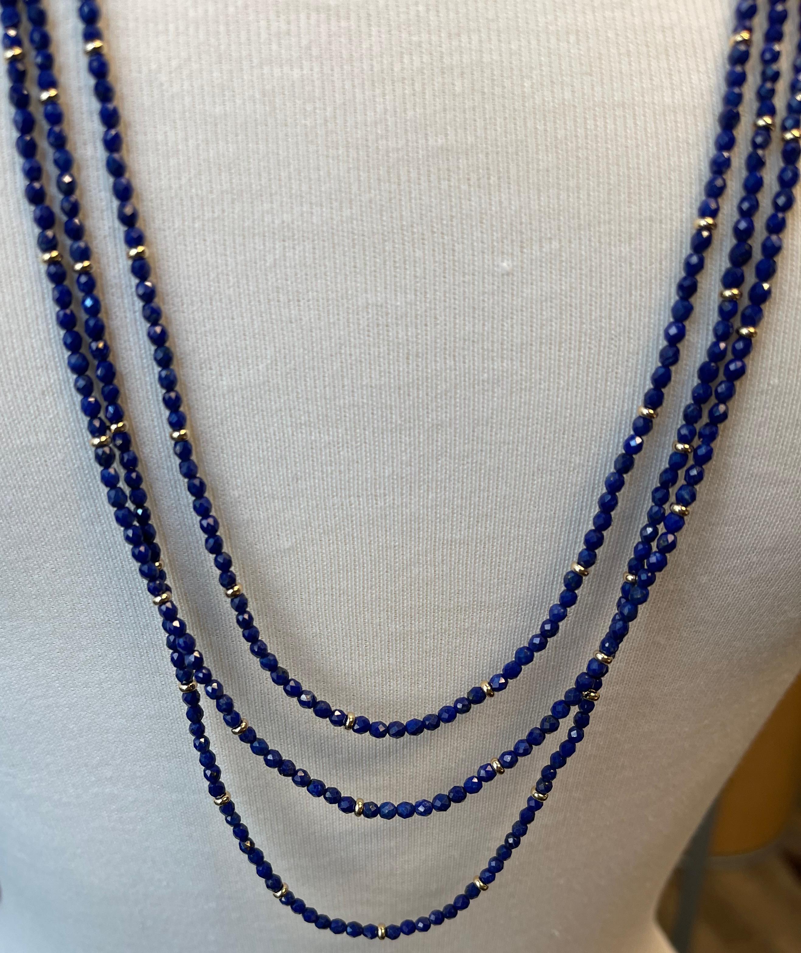 Faceted Lapis Bead Necklace with Yellow Gold Accents, 32 Inches For Sale 2