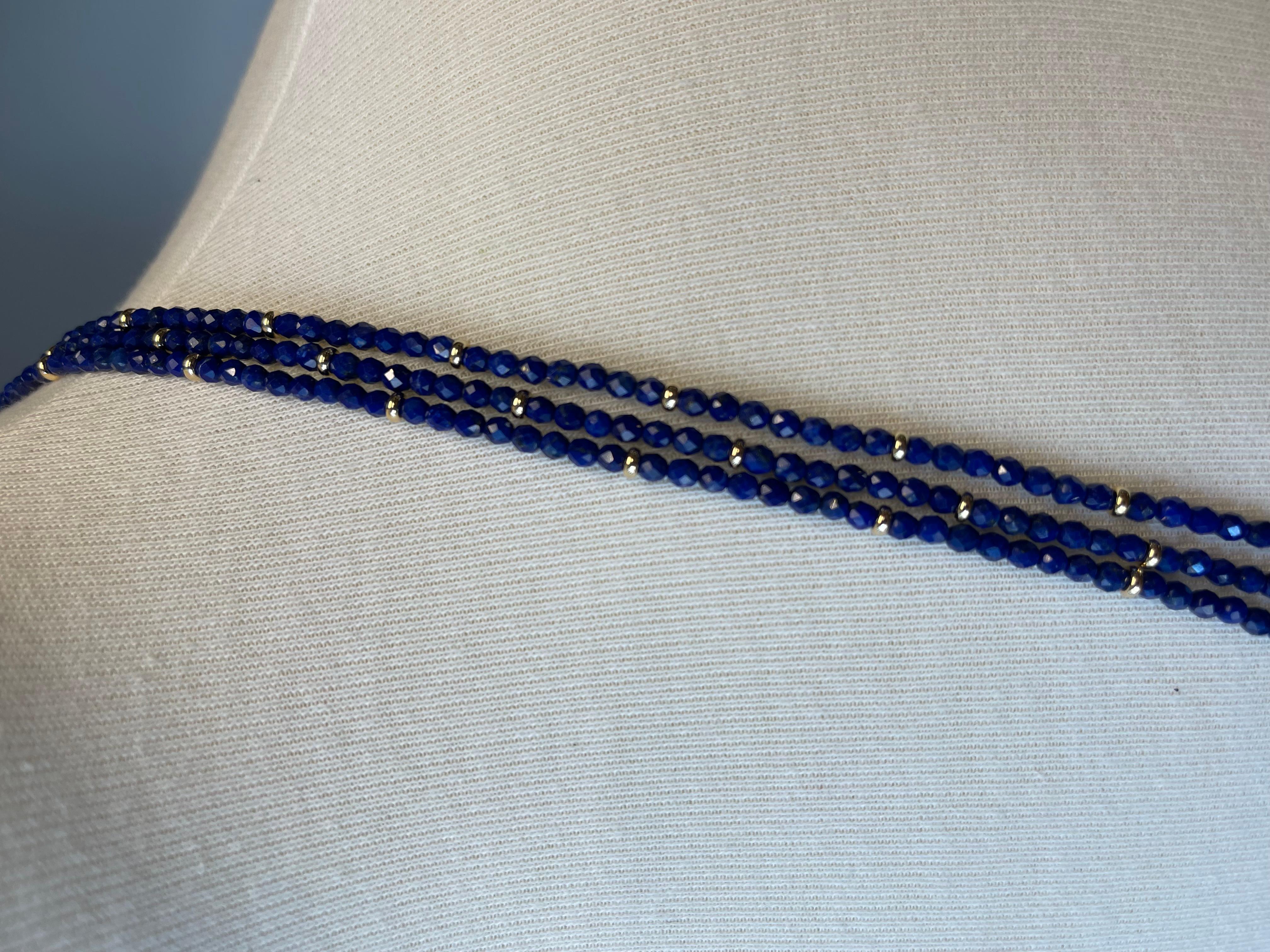 Faceted Lapis Bead Necklace with Yellow Gold Accents, 32 Inches For Sale 3