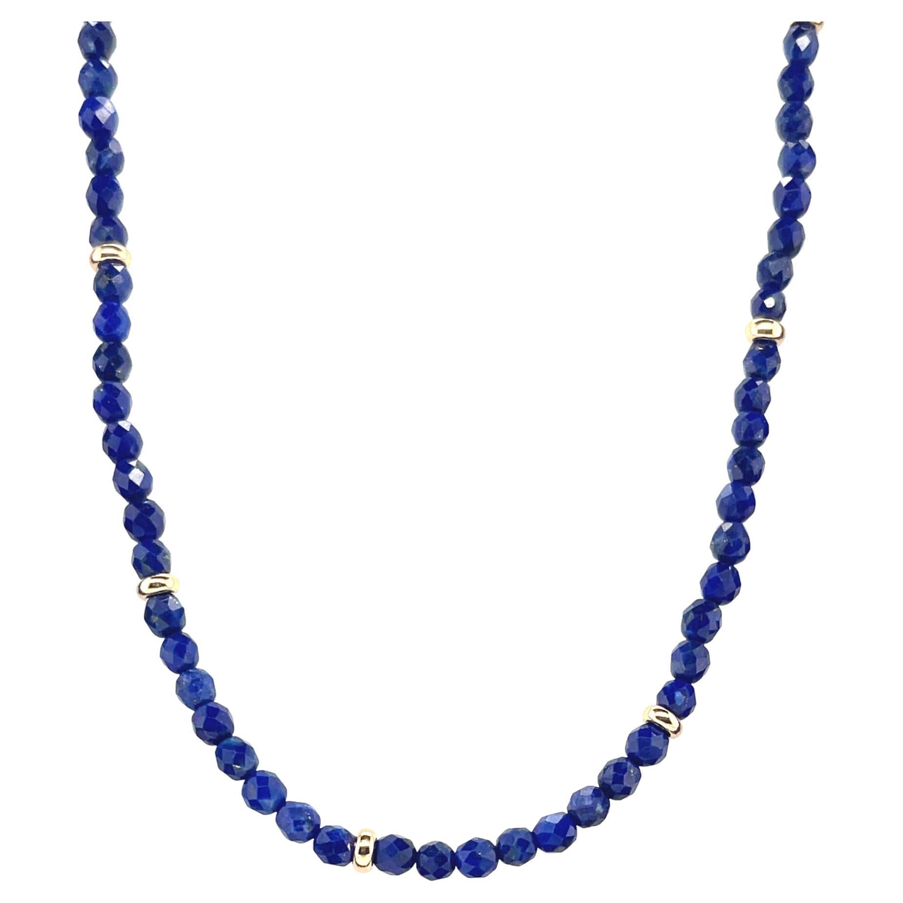 Faceted Lapis Bead Necklace with Yellow Gold Accents, 32 Inches For Sale
