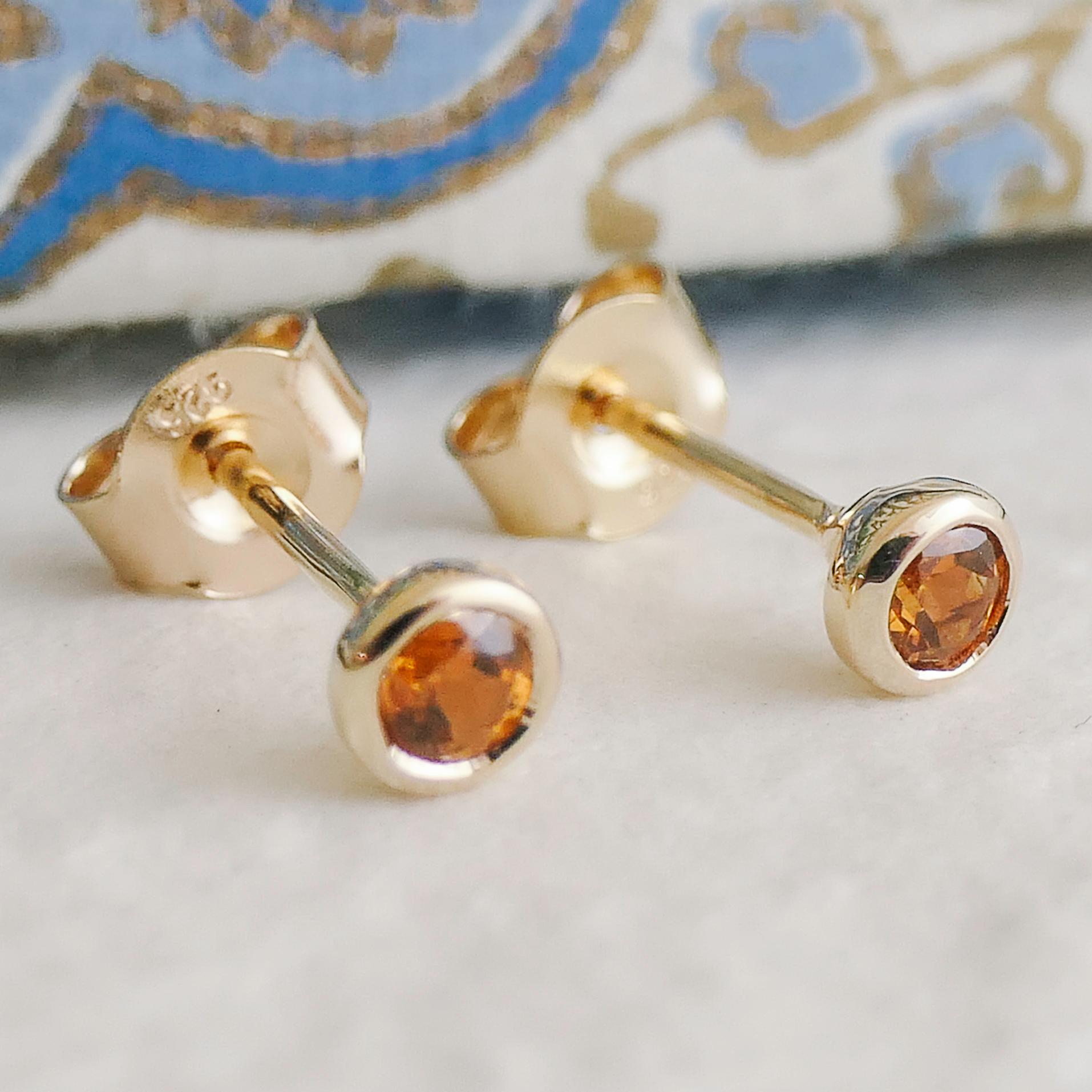Women's 3mm Hessonite Garnet Gold Plated Sterling Silver Stud Earrings For Sale