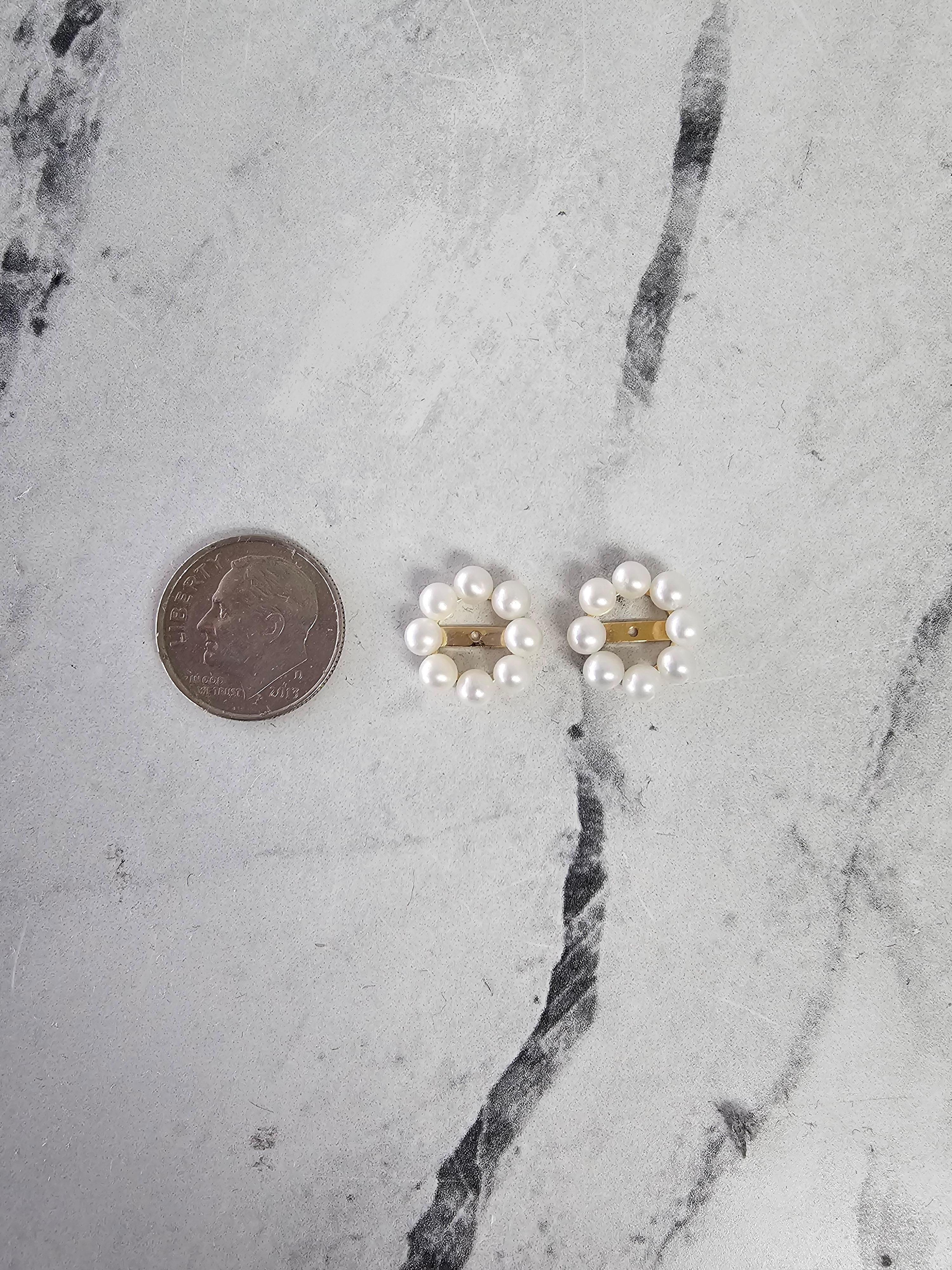 Round Cut 3MM Pearl Earring Jackets in 14k Yellow Gold For Sale