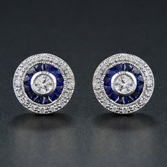3mm Round Diamond & Blue Sapphire Double Halo Set Stud 14K White Gold Earrings
