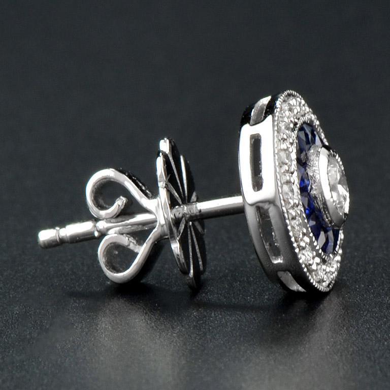 Art Deco 3mm Round Diamond & Blue Sapphire Double Halo Set Stud 14K White Gold Earrings For Sale
