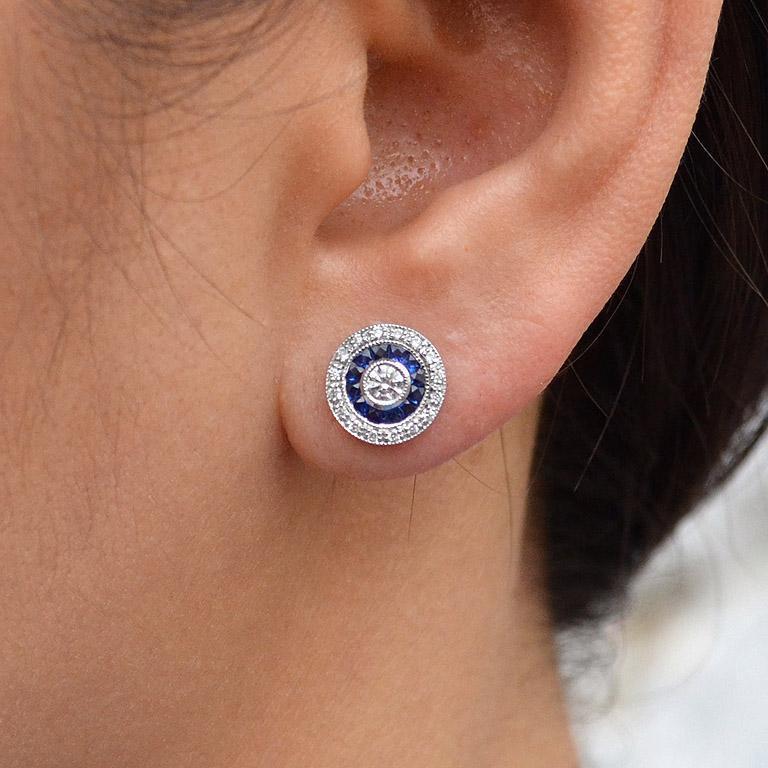 Women's 3mm Round Diamond & Blue Sapphire Double Halo Set Stud 14K White Gold Earrings For Sale