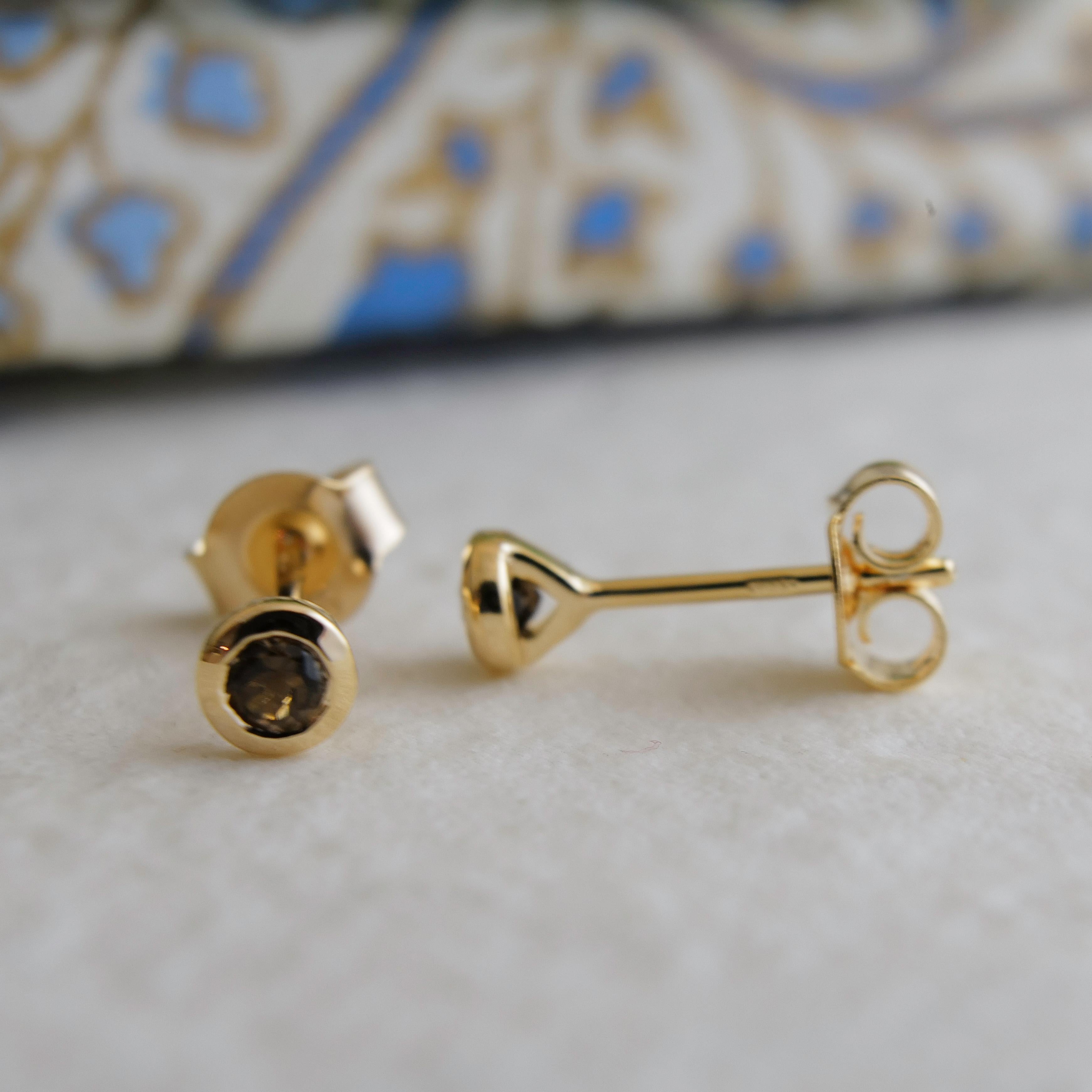 3mm faceted round Smoky Quartz is set in gold plated sterling silver. Diameter for earrings are approximately 4mm. 