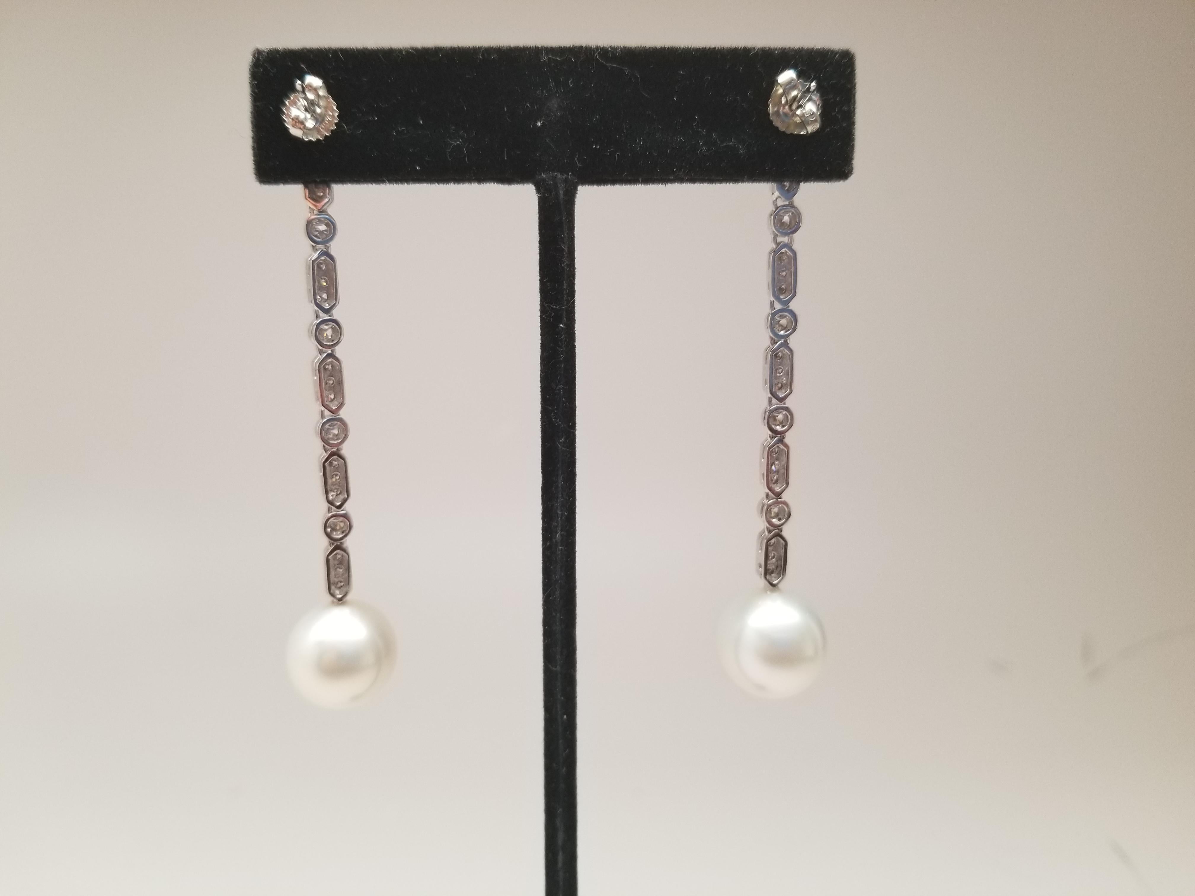 NEW South Sea Pearls Perfectly Round AAAA Grade Dangling Diamond Earrings For Sale 1
