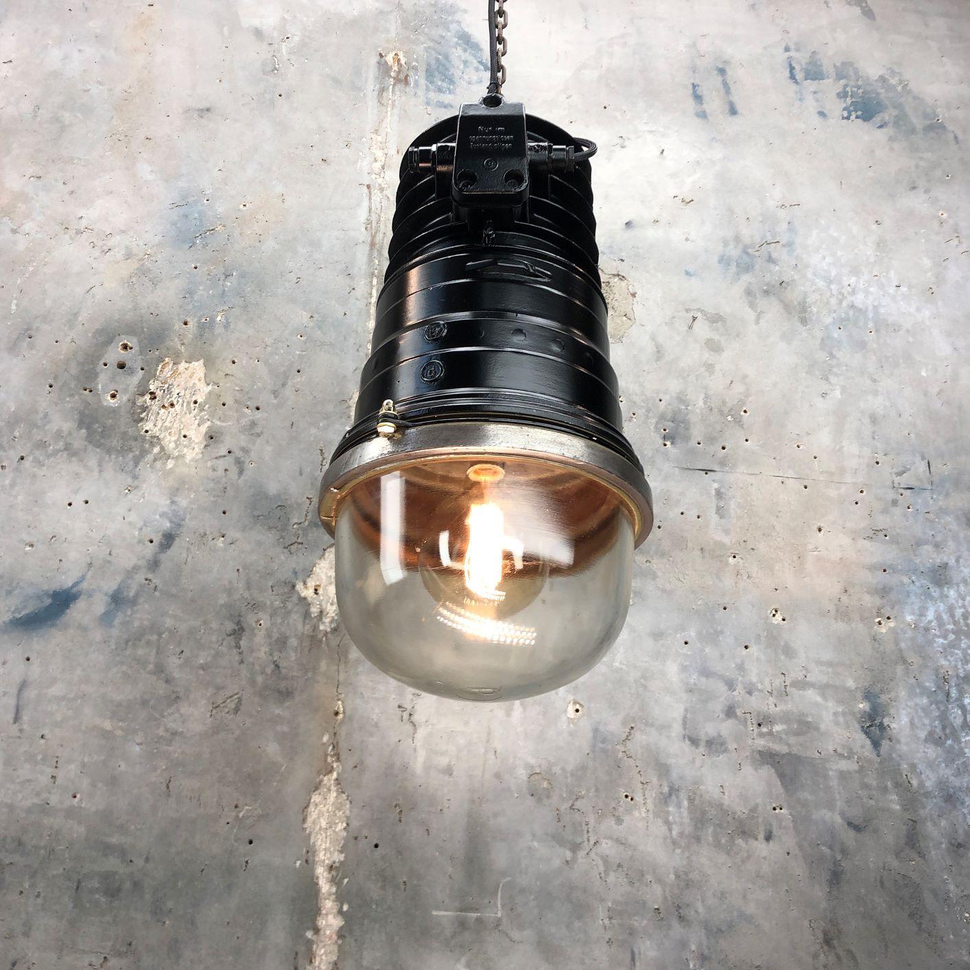 German 3No. 1970s Vintage Industrial Black Explosion Proof Ceiling Pendant by EOW  For Sale