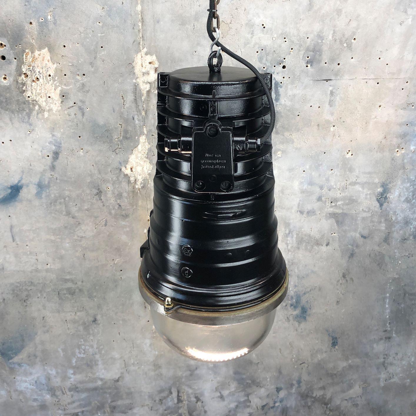 Aluminum 3No. 1970s Vintage Industrial Black Explosion Proof Ceiling Pendant by EOW  For Sale