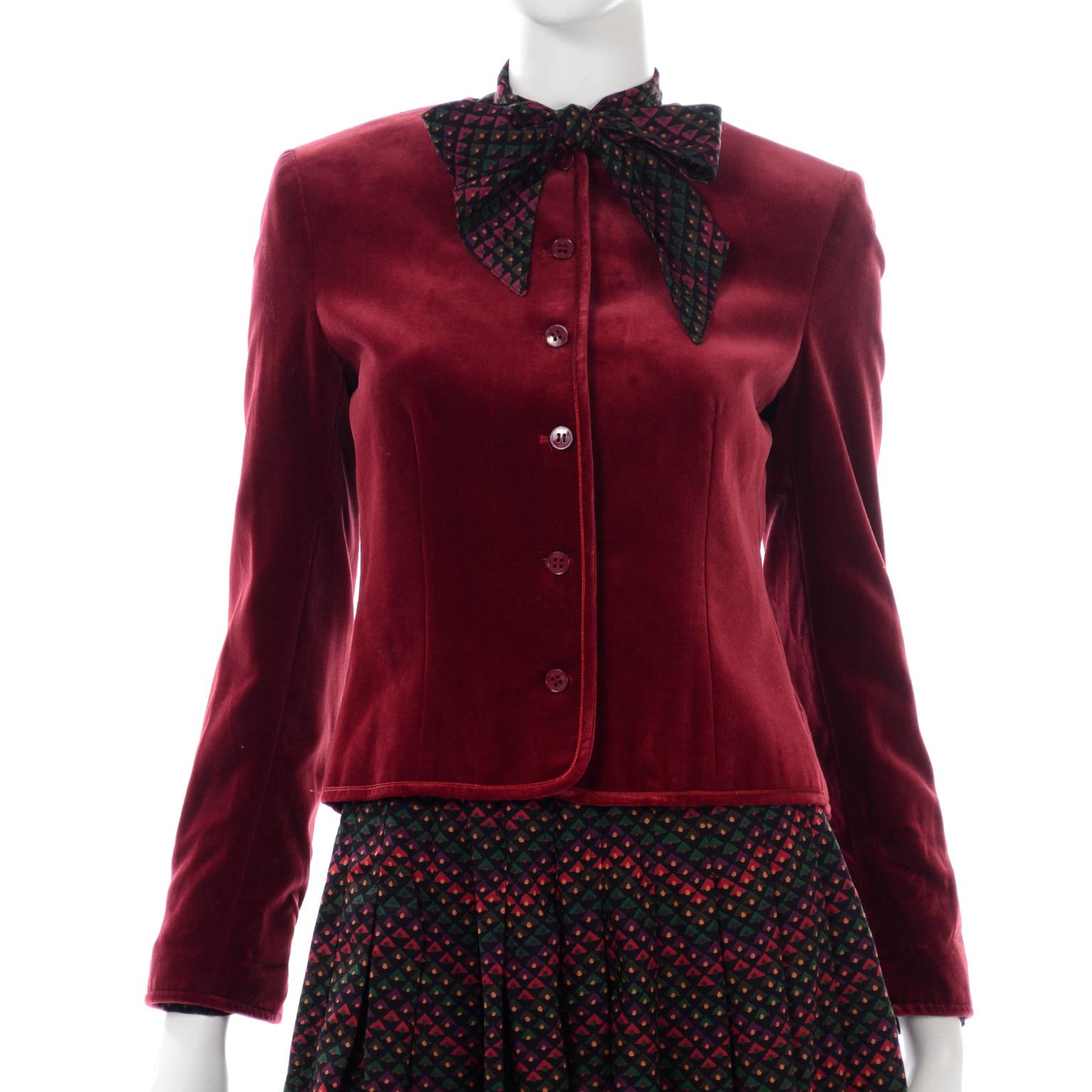 3pc Jaeger Burgundy Velvet Jacket w/  Printed Wool Blouse Top With & Skirt Suit For Sale 3