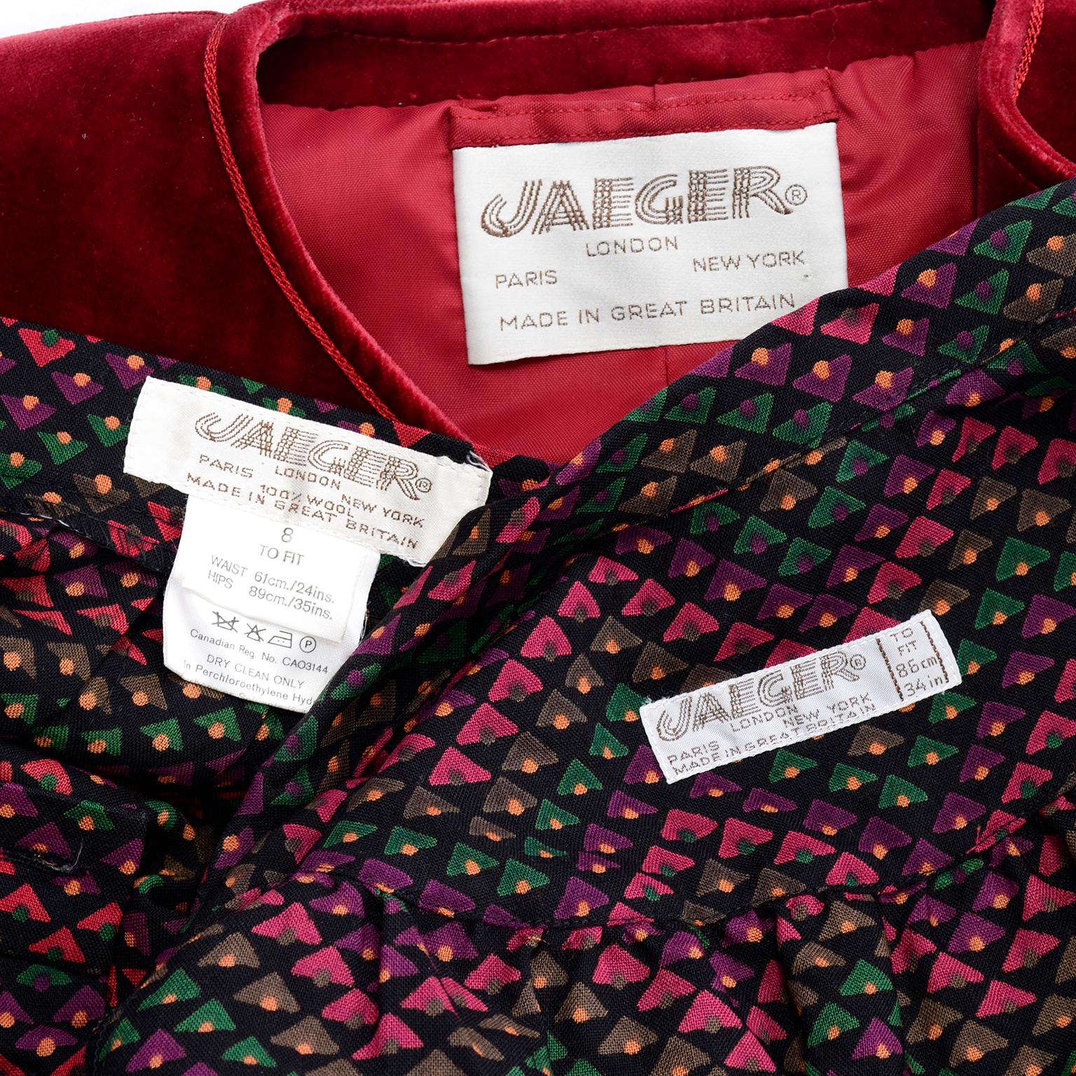 3pc Jaeger Burgundy Velvet Jacket w/  Printed Wool Blouse Top With & Skirt Suit For Sale 9