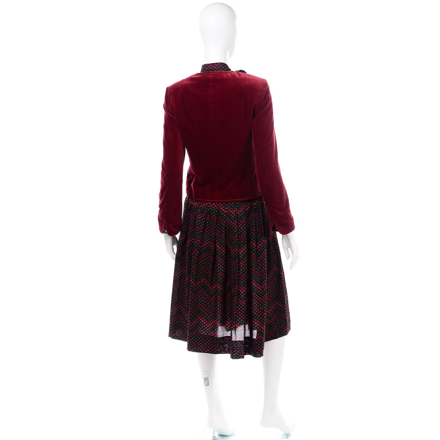 Black 3pc Jaeger Burgundy Velvet Jacket w/  Printed Wool Blouse Top With & Skirt Suit For Sale