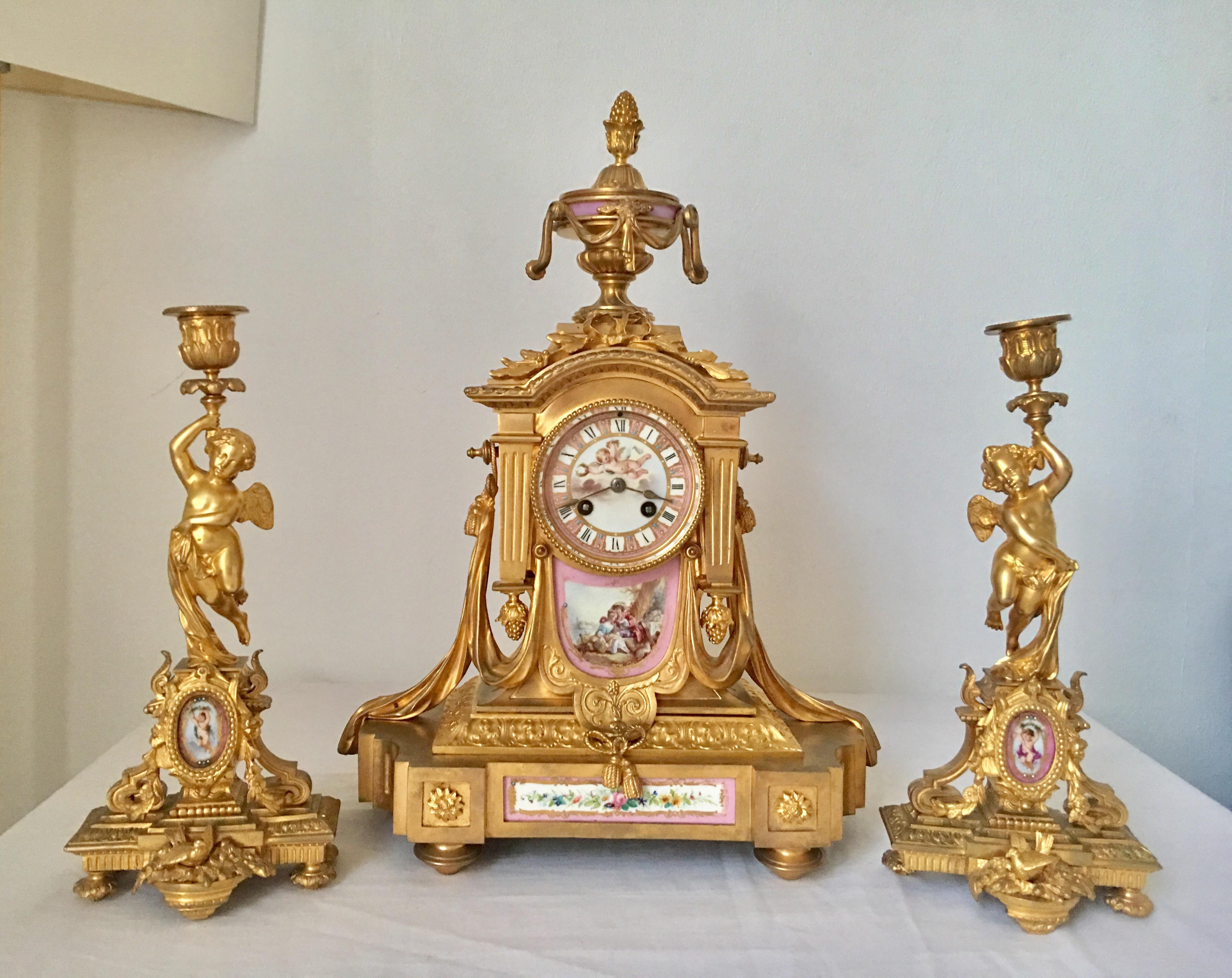 3pcs Set Porcelain Ormolu French Clock Signed Howell James & Co. “To the Queen” For Sale 7