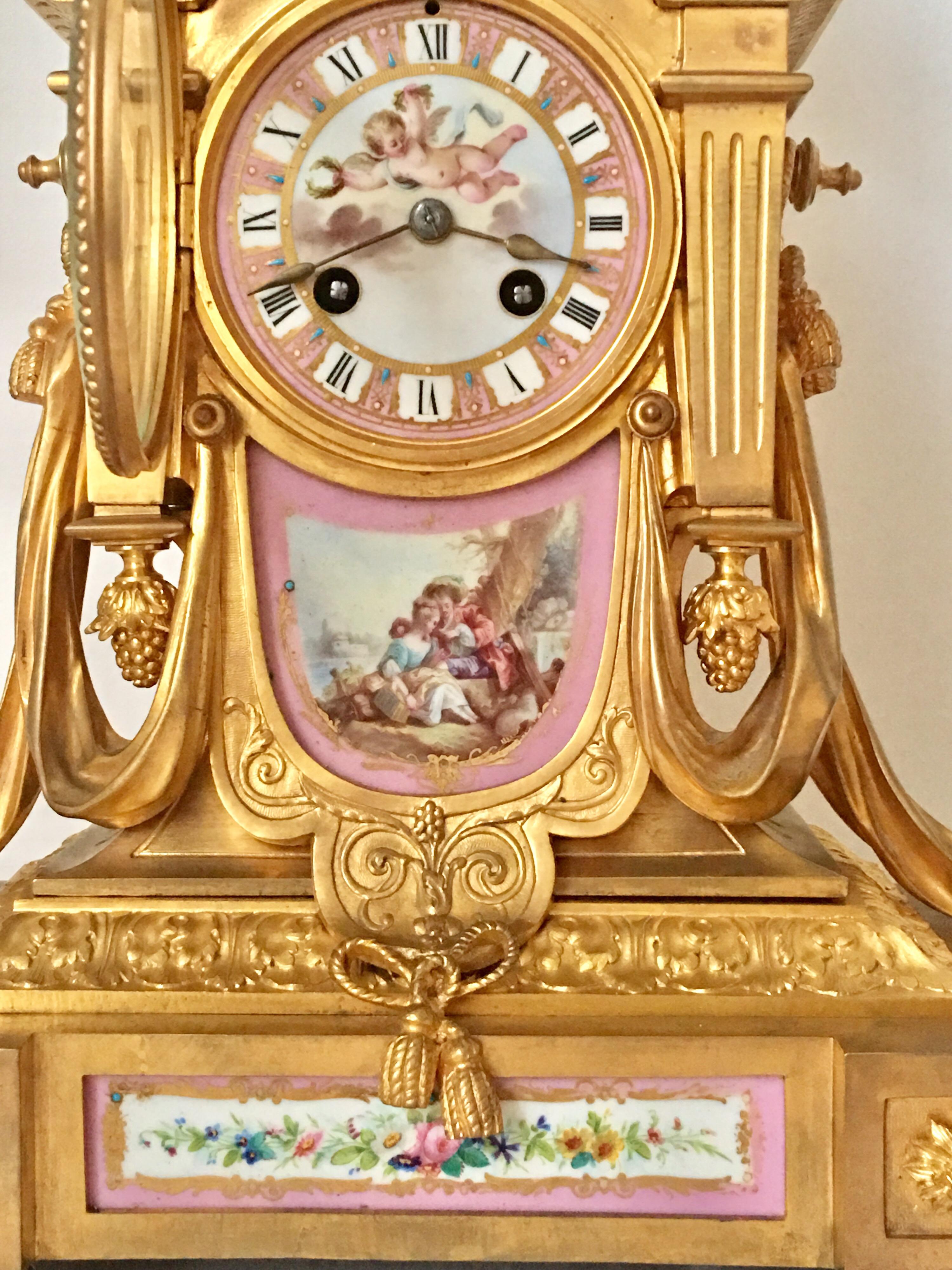 Late 19th Century 3pcs Set Porcelain Ormolu French Clock Signed Howell James & Co. “To the Queen” For Sale