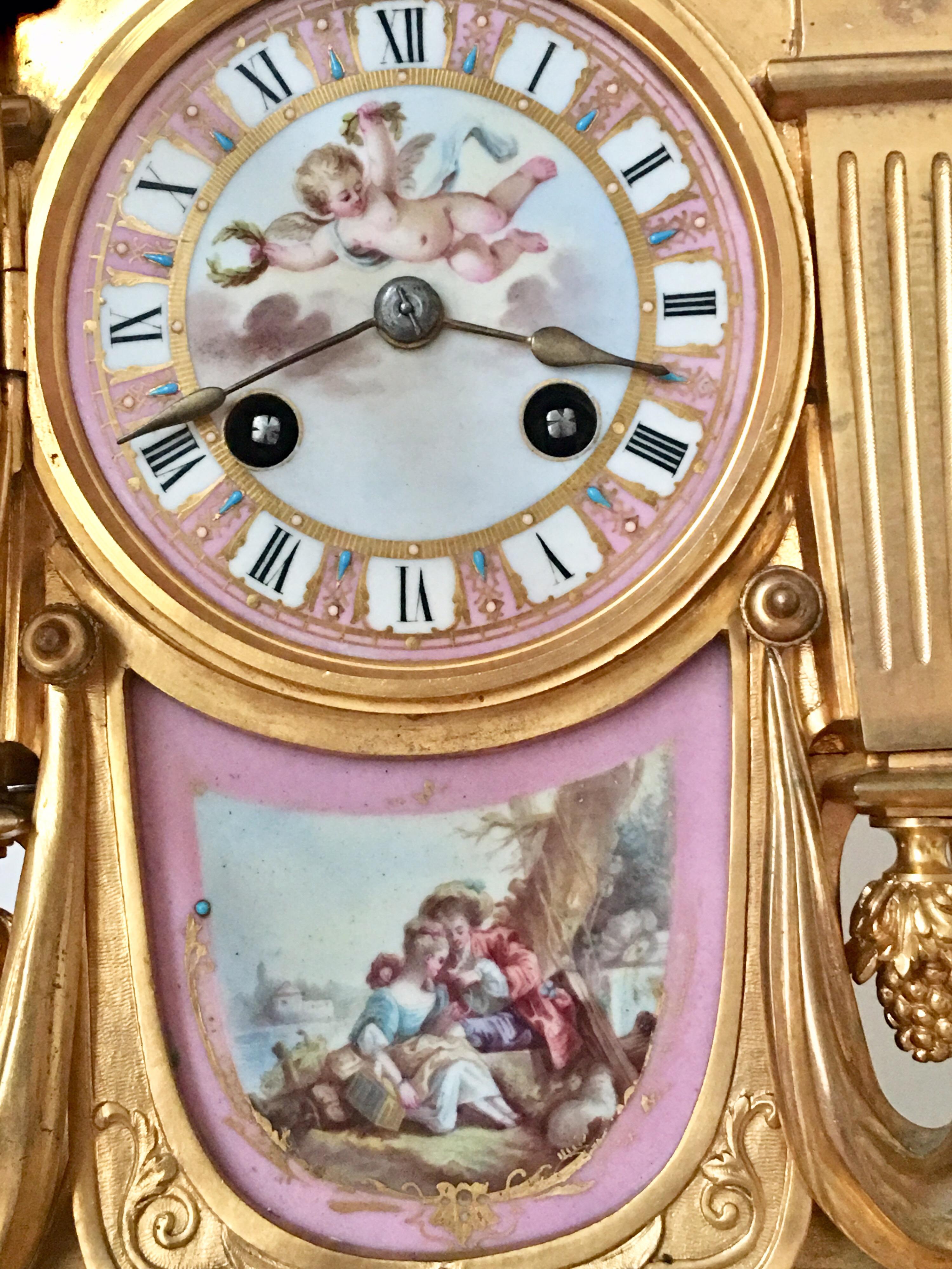 Bronze 3pcs Set Porcelain Ormolu French Clock Signed Howell James & Co. “To the Queen” For Sale