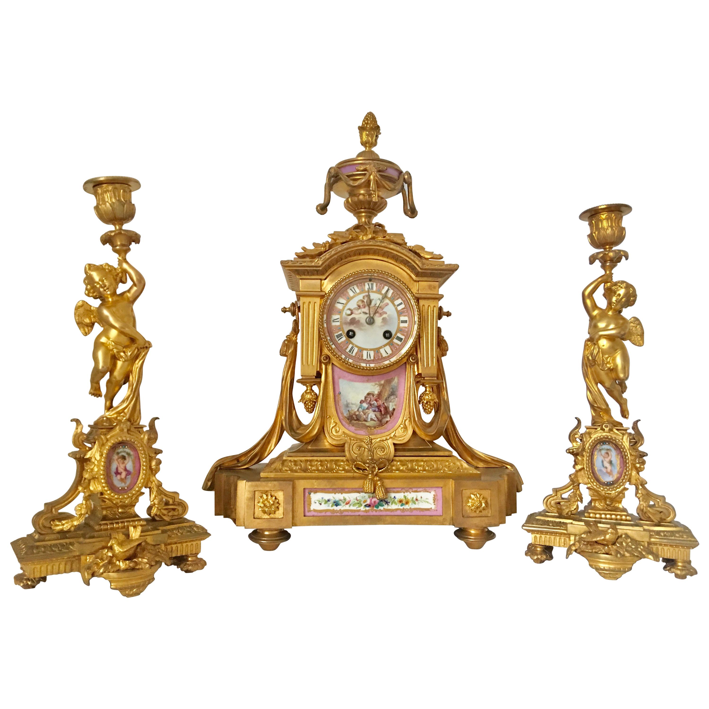 3pcs Set Porcelain Ormolu French Clock Signed Howell James and Co. “To