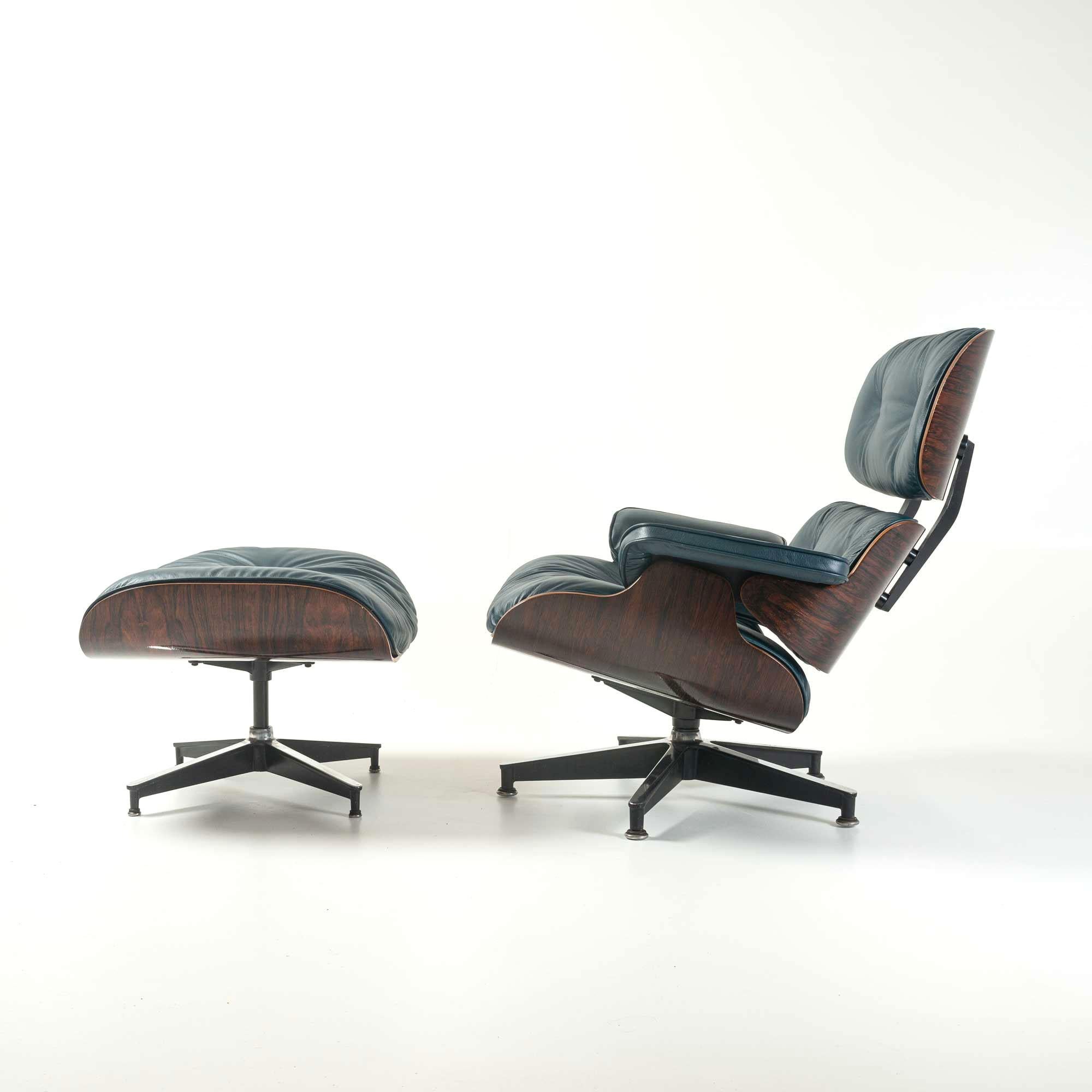3rd Gen Eames lounge chair in rosewood shell frames with ottoman, re-upholstered in dark pine green leather, with new shock mounts, re-polished steel frame. 

