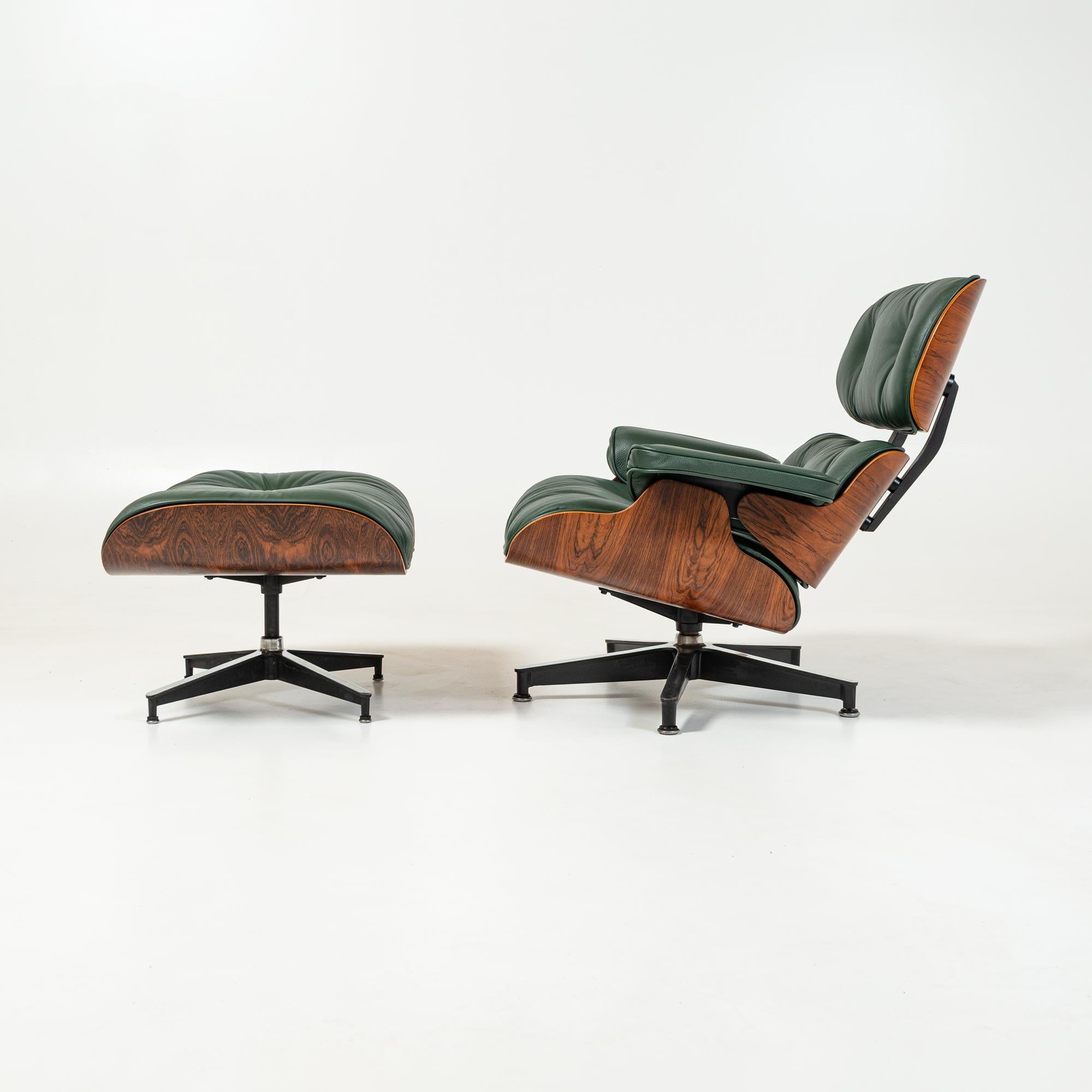 Fully Restored 3rd Gen Eames lounge chair in rosewood shell frames with ottoman, re-upholstered in decadent Elmo Baltique Forest Green leather.

Elmobaltique is a sturdy Aniline leather with a slight batique-effect. It possesses the characteristic