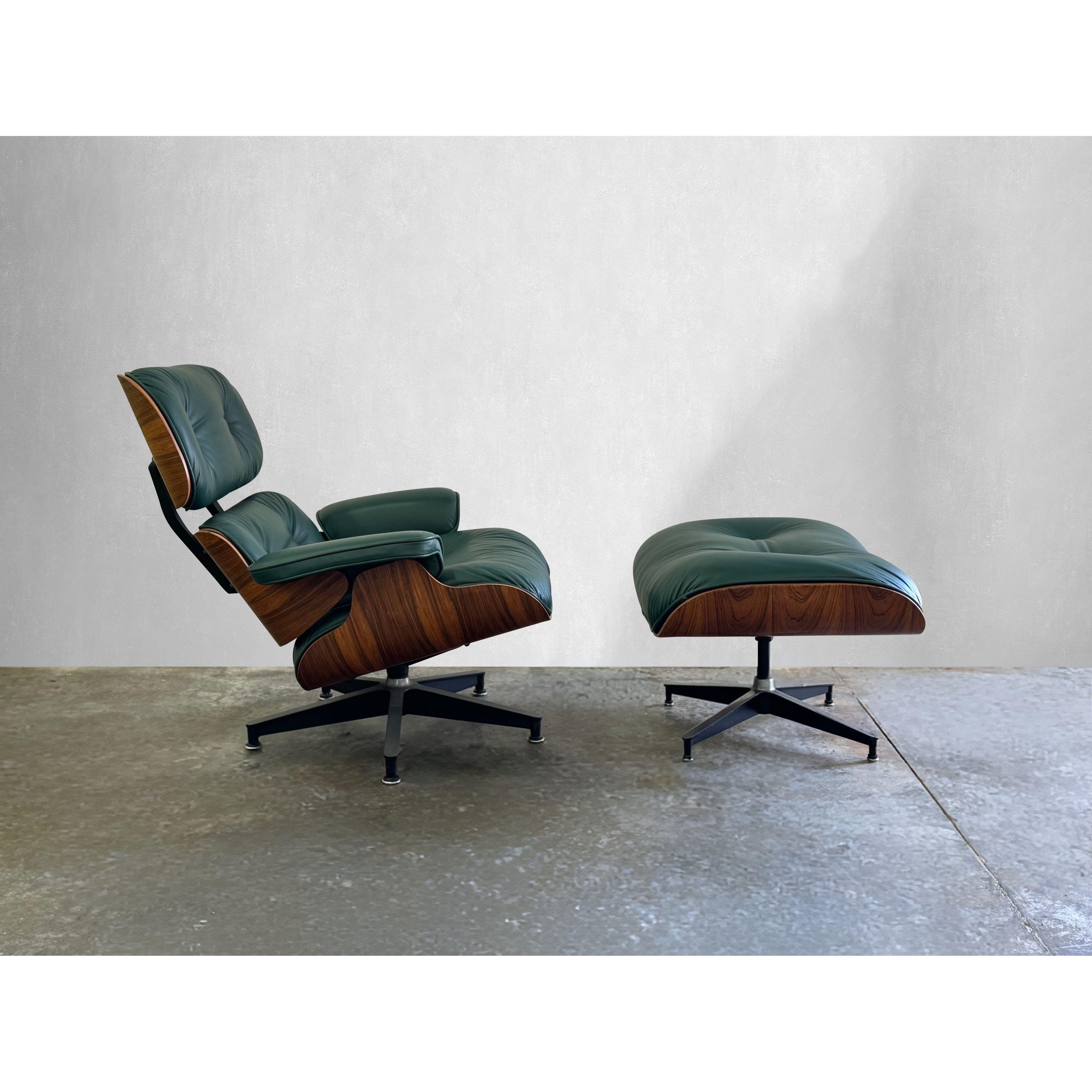 Exquisite  3rd generation Eames Chair designed by Charles and Ray Eames for Herman Miller. The shell is comprised of rare rosewood and the cushions have been reupholstered in a soft luxurious green aniline leather. 

Dimensions:

29.2W x 28.75D x