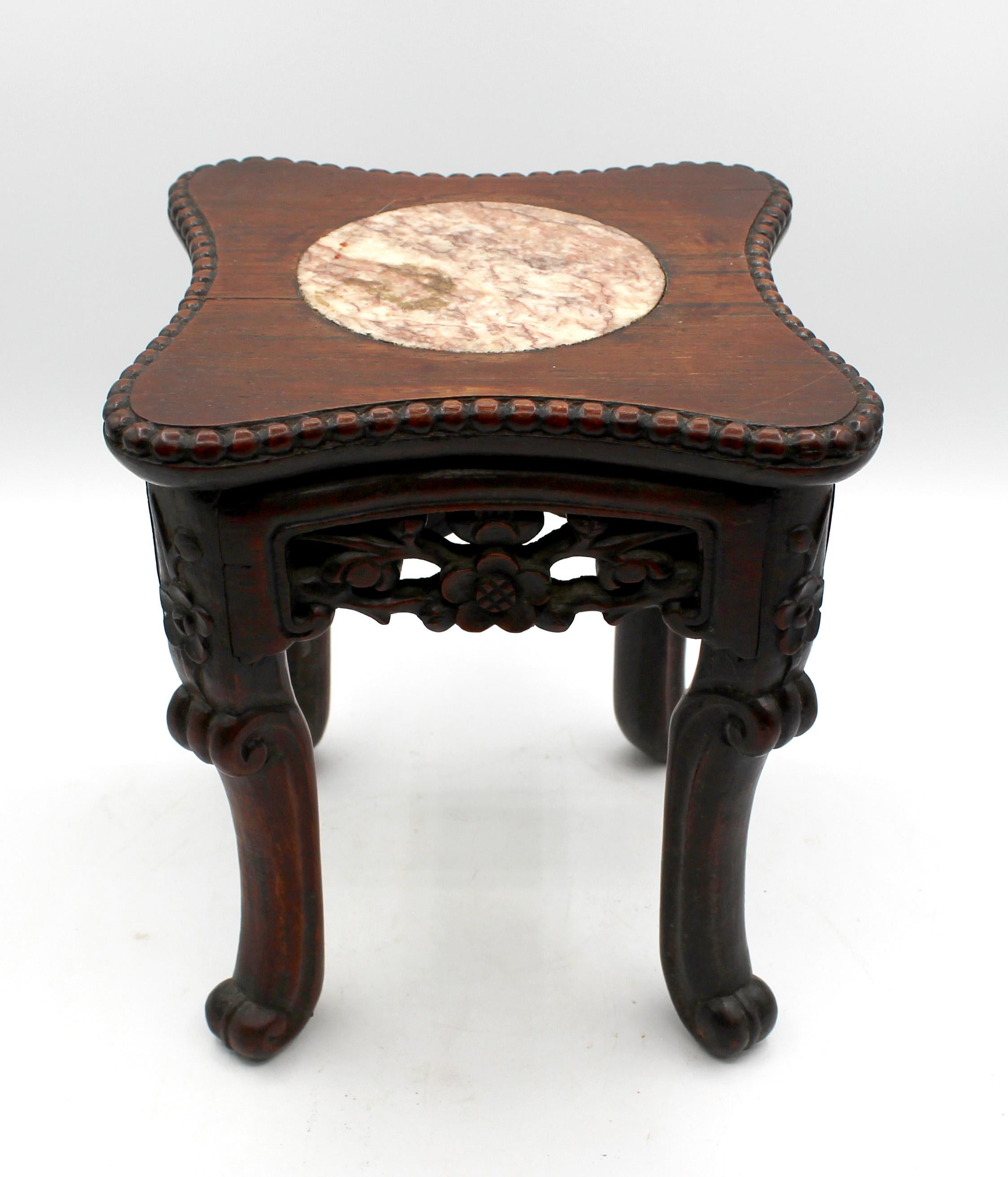 3rd quarter 19th century miniature taboret table, Chinese export. Top inset with pink marble. Prunus carved aprons. Scrolled legs & beaded edge. Rosewood. 7 3/8