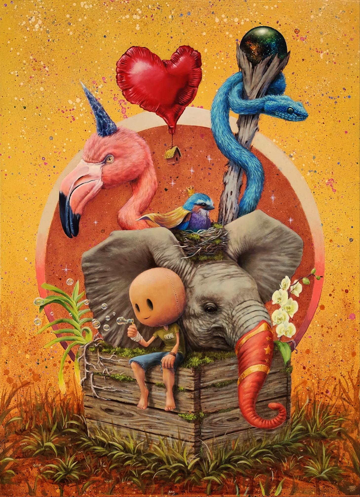 "Problemi infantili" di 3rd Version, Pittura a olio, fenicottero rosa con elefante
