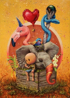 "Problèmes enfantins" par 3rd Version, peinture à l'huile, flamant rose avec éléphant