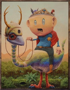 "Masks We Wear, Everybody Wants A Piece" – Painting, Surreal Cowboy with Emu